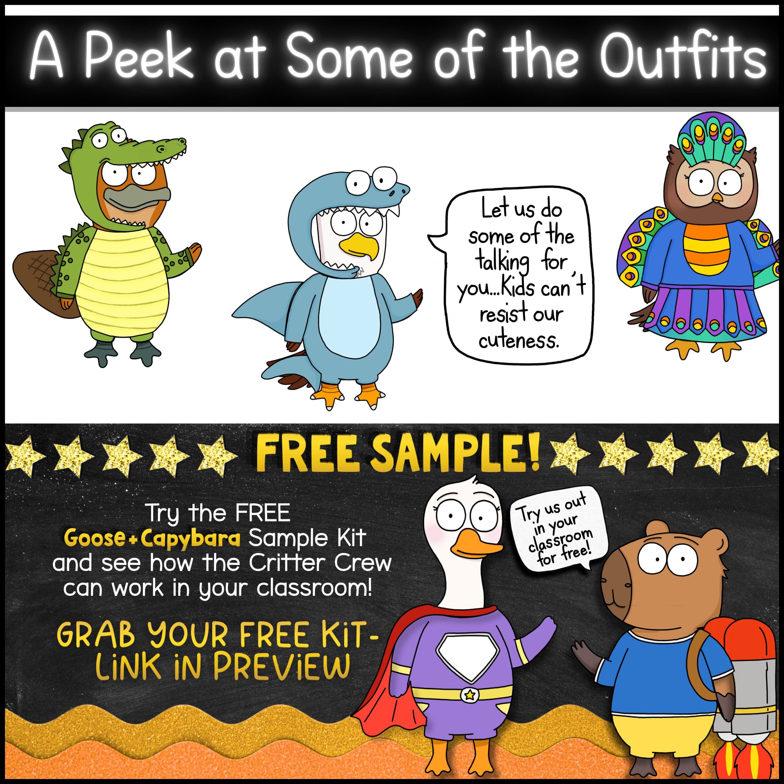 Self-Control Focus Skills Porch Goose Mascot for Classroom Management, Behavior & SEL Animal costume classroom mascot preview featuring crocodile, shark, and peacock character outfits used for SEL lessons, behavior supports, and classroom routines. Includes a free Goose and Capybara sample kit with costume reveal activities, classroom engagement tools, and social-emotional learning resources for elementary students.