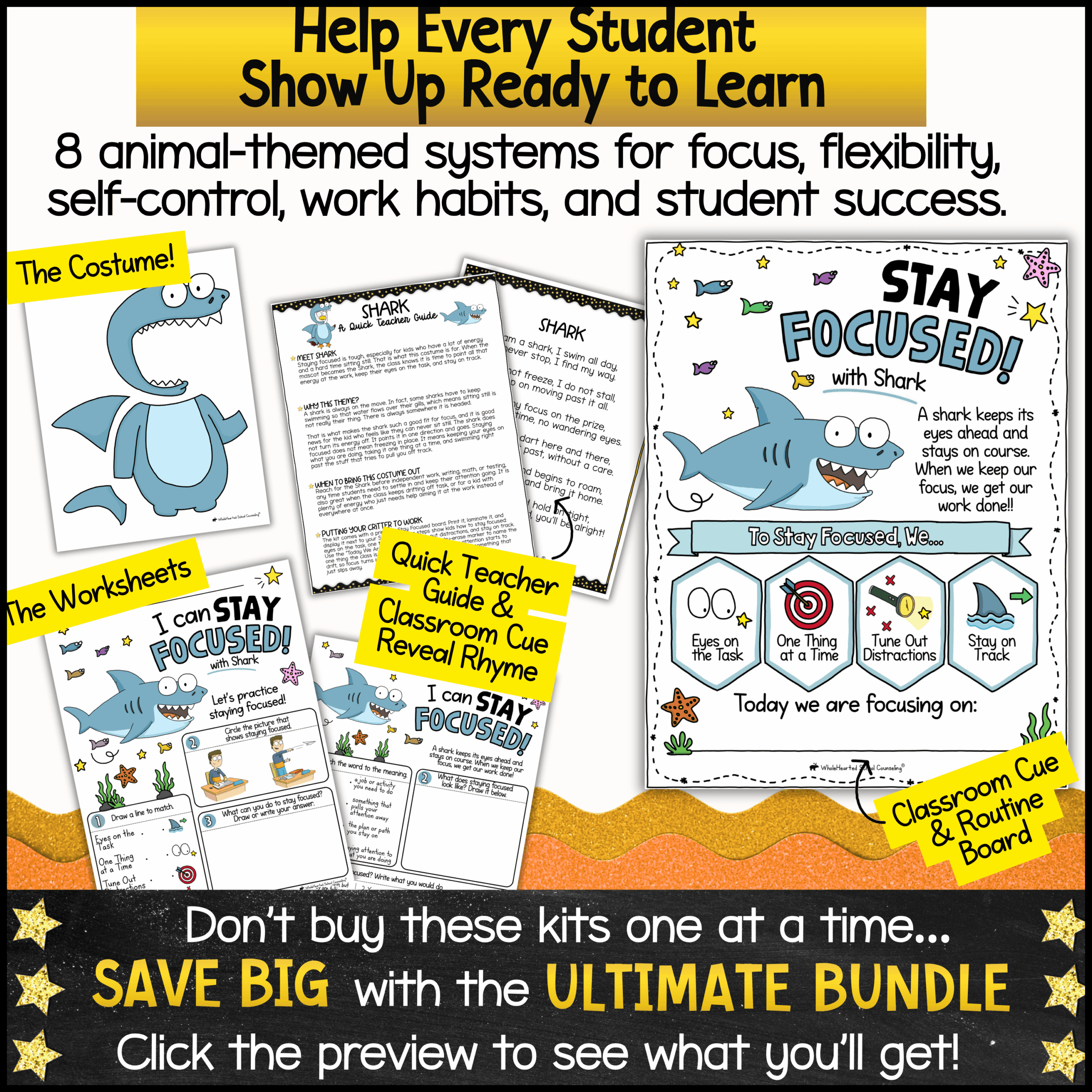Self Control Wholehearted Critter Crew PBIS Mascot Goose for School Behavior & SEL Shark-themed classroom focus and attention support activity for elementary students. Includes a shark costume character, student worksheets, teacher guide, classroom cue board, and focus-building SEL lessons that teach students how to stay on task, avoid distractions, complete work, and develop positive classroom learning habits.