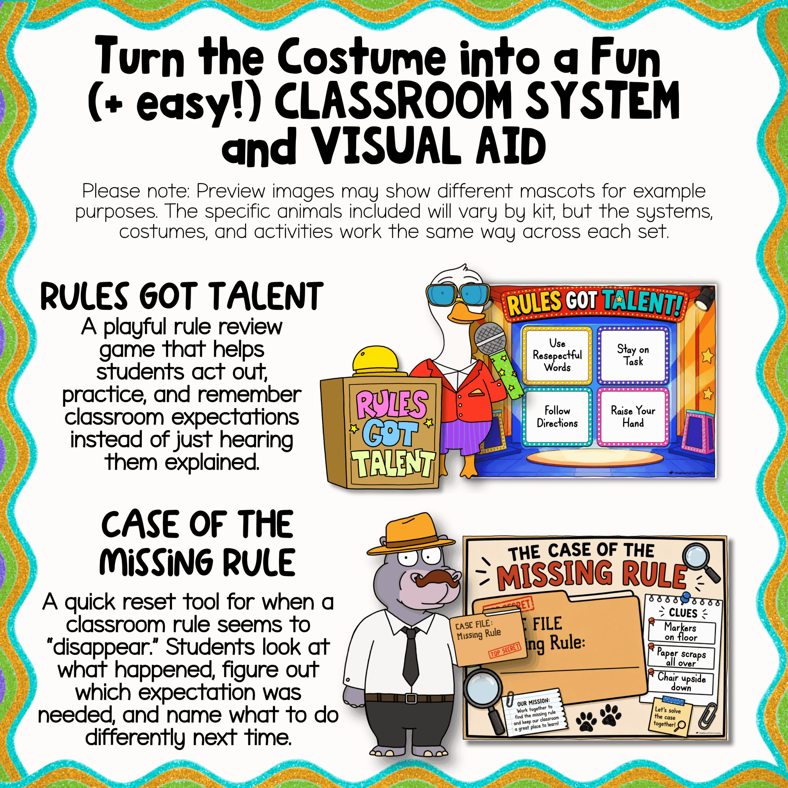 20 Overview of classroom behavior management systems using WholeHearted Critter Crew classroom mascots. Features Rules Got Talent rule review game and Case of the Missing Rule classroom mystery activity that help students practice behavior expectations through interactive classroom management routines and visual supports.