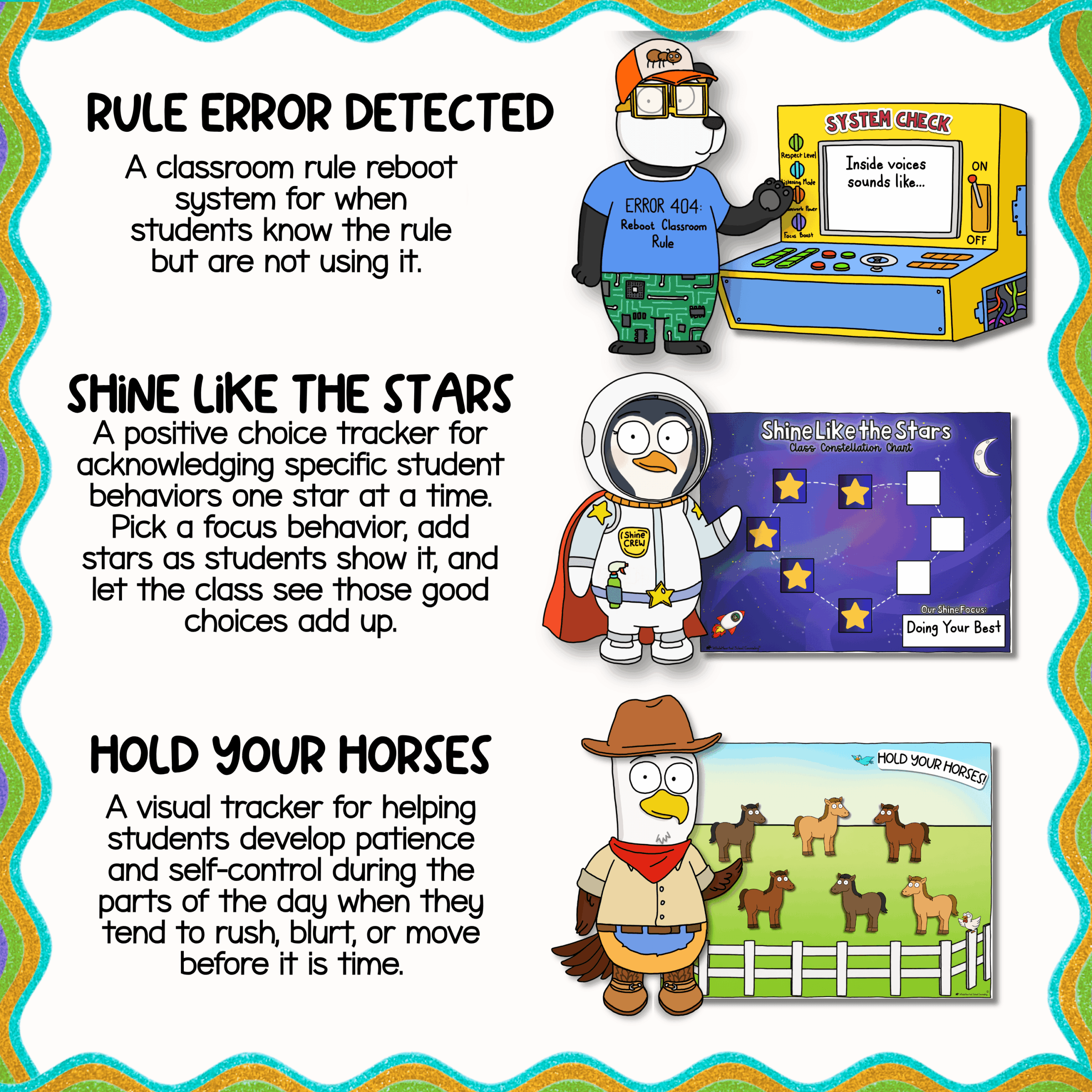 21 Elementary classroom management tools featuring Ladybug Lottery student selector with digital spinner, Voice Conductor classroom voice level chart, and Five-Star Service substitute teacher behavior system with positive reinforcement tip jar and classroom routine visuals.
