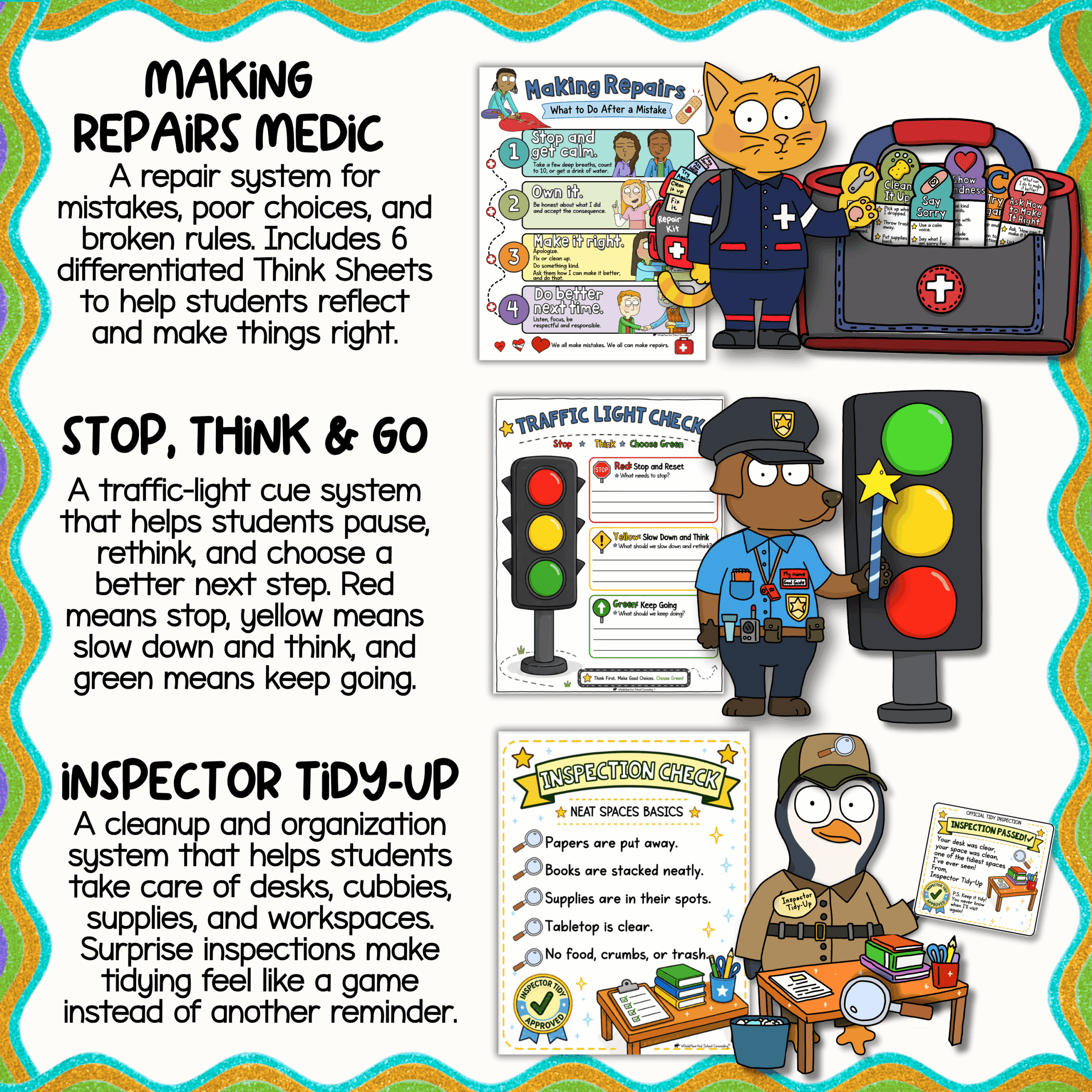 22 Classroom behavior intervention resources featuring Making Repairs Medic restorative think sheets, Stop Think and Go traffic light behavior cue, and Inspector Tidy-Up classroom organization system. Includes behavior reflection worksheets, classroom routines, PBIS supports, and restorative practices for elementary students.