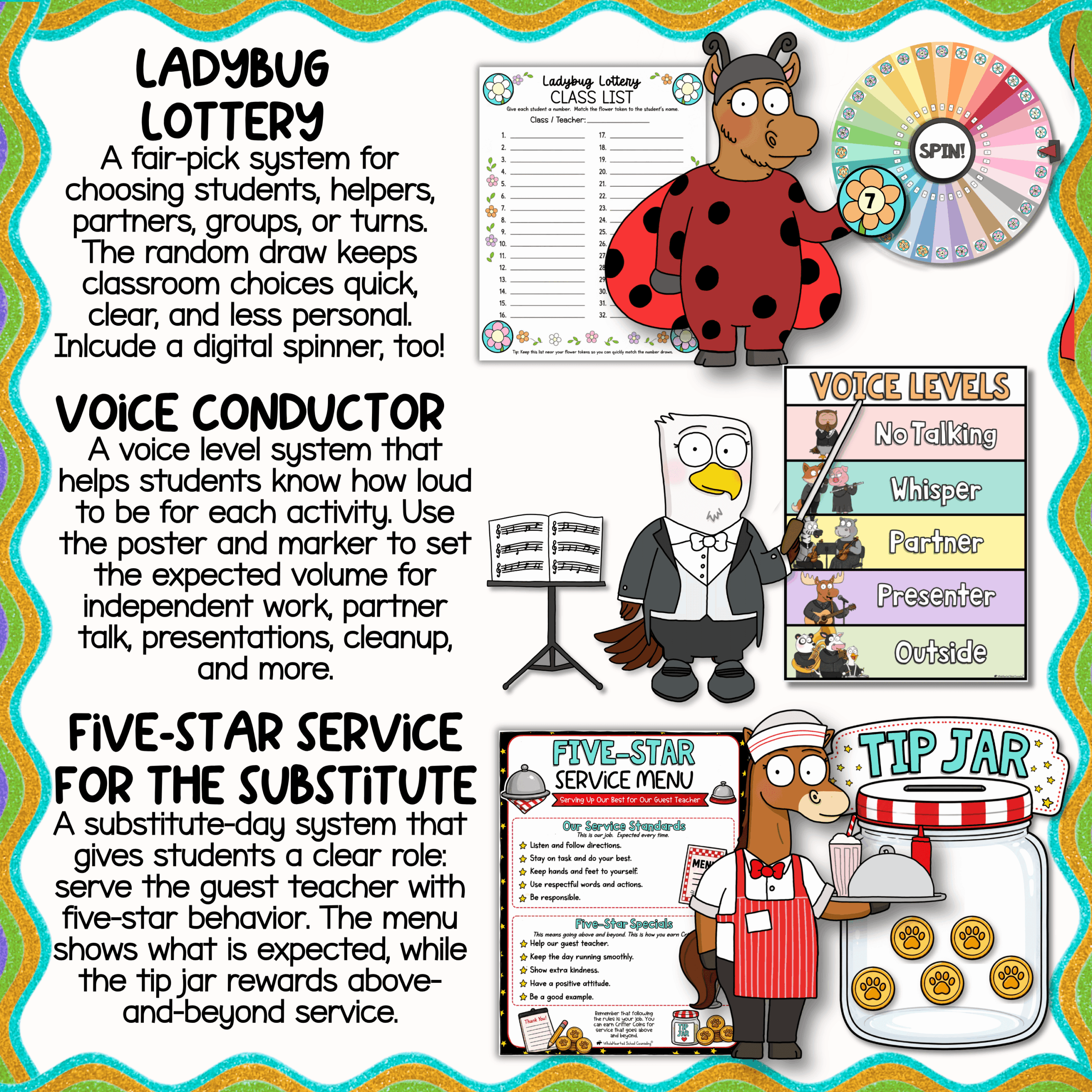 23 Elementary classroom behavior management visuals featuring Rule Error Detected classroom reset tool, Shine Like the Stars positive behavior tracker, and Hold Your Horses self-control activity. Includes PBIS behavior supports, classroom expectations, and visual behavior management systems.