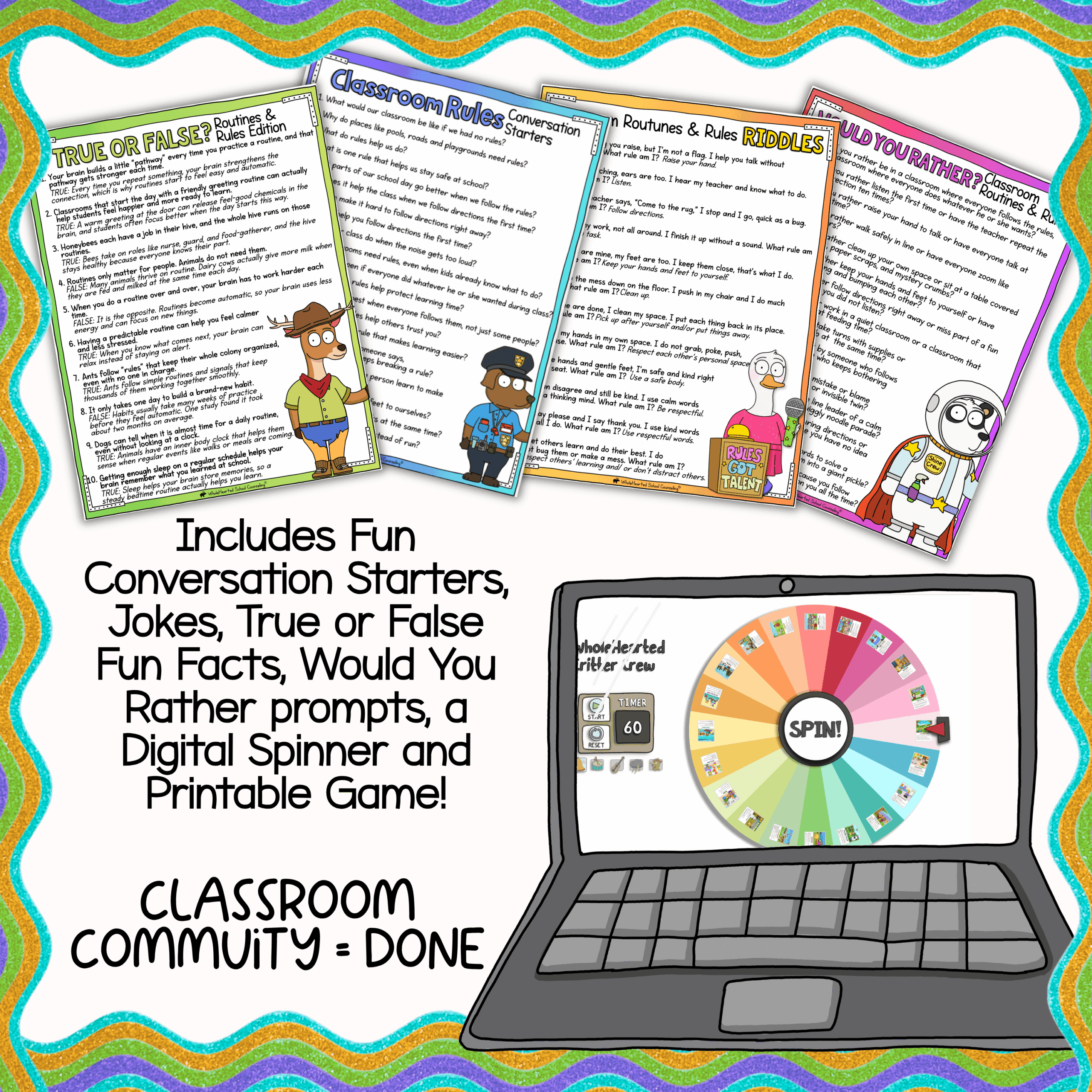 Breathing Exercises Wholehearted Critter Crew PBIS Mascot Goose for School Behavior & SEL Printable classroom community activities featuring classroom conversation starters, jokes, riddles, true or false questions, would you rather prompts, printable games, and a digital classroom spinner for behavior lessons, morning meetings, and student engagement.