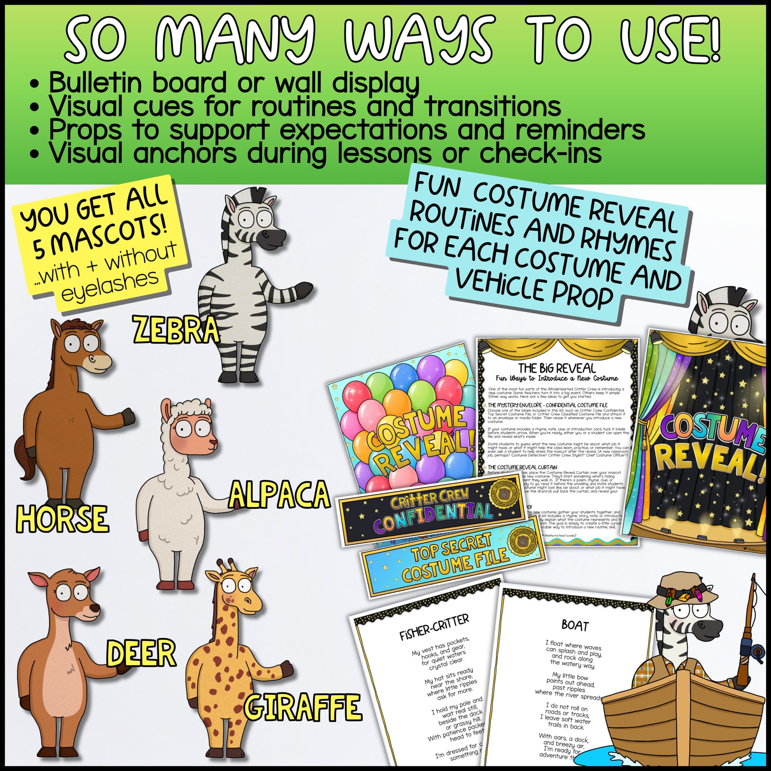 Class Mascot Transportation Kit with Vehicle Props for Classroom Goose Displays Deer + Friends printable transportation classroom mascot kit with Deer, Horse, Zebra, Alpaca, and Giraffe, vehicle props, costume reveal routines, printable poems, bulletin board displays, classroom visual supports, and transportation-themed classroom management resources.