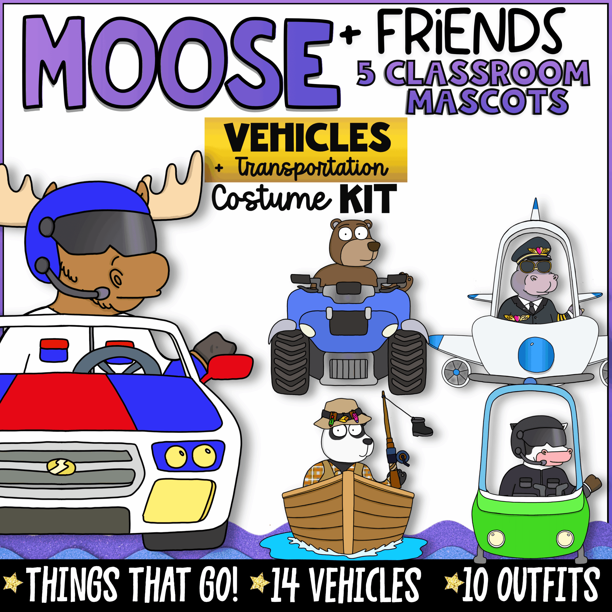 Class Mascot Transportation Vehicles Kit for Goose Classroom Fun Moose + Friends Vehicles and Transportation classroom mascot costume kit featuring Moose, Bear, Hippo, Panda, and Cow with police car, ATV, airplane, fishing boat, and helicopter-style vehicles. Includes 14 printable vehicle props, 10 transportation outfits, and classroom community activities for elementary classrooms.
