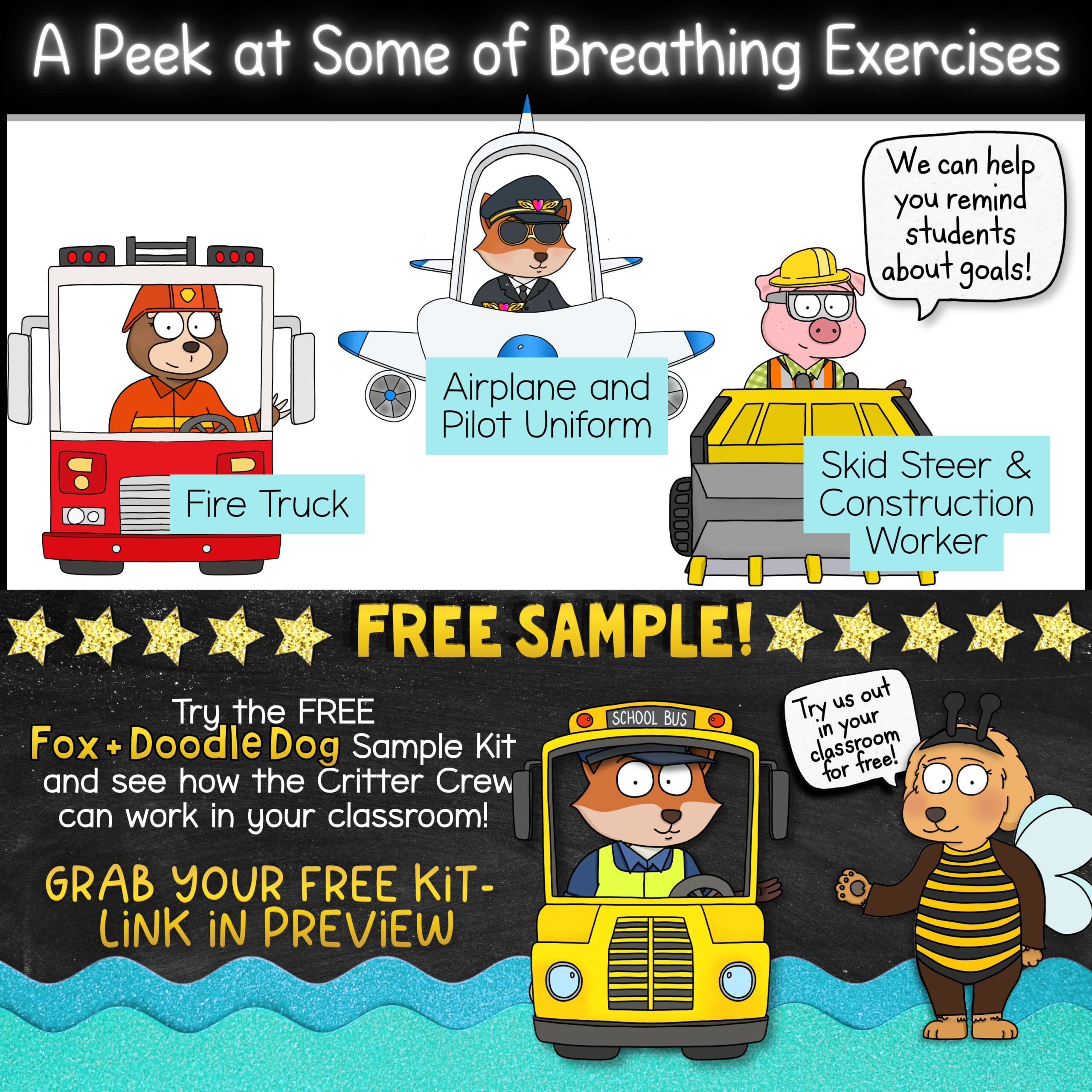 Class Mascot Transportation Vehicles for Classroom Goose On the Go Fun Transportation classroom mascot vehicle preview featuring Fire Truck Dog, Airplane Pilot Fox, and Construction Worker Pig with skid steer. Printable transportation vehicle props, themed costumes, and classroom mascots for bulletin boards, transportation units, morning meetings, and classroom routines.