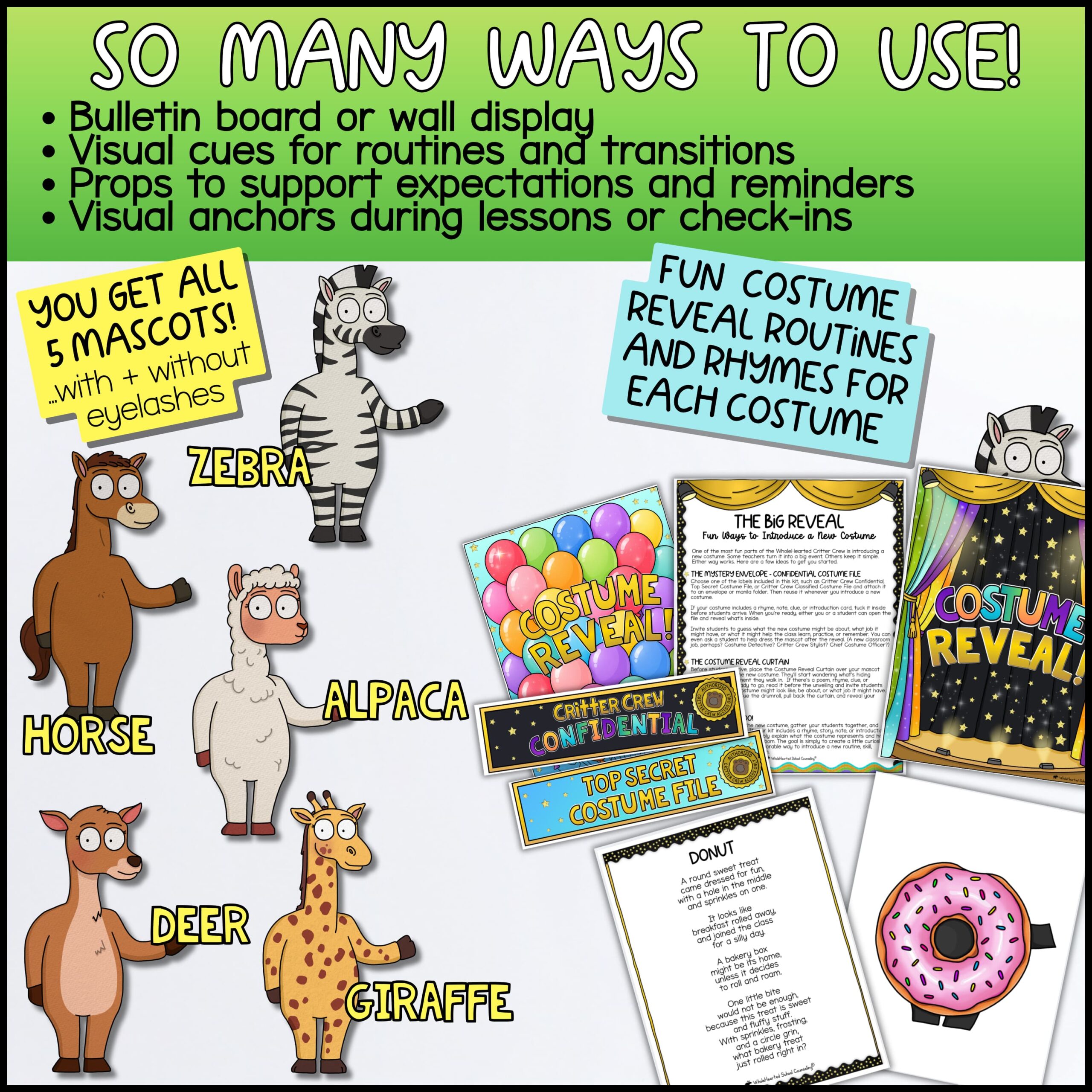 Classroom Goose Goal Setting Classroom Management Mascot GGoose Classroom Mascot Food Outfits for Class Mascot Routines and Rewards Deer + Friends printable classroom mascot kit with Deer, Zebra, Giraffe, Alpaca, and Horse mascots, costume reveal activities, bulletin board displays, classroom visual cues, behavior reminders, reveal rhymes, and printable food-themed classroom management resources for elementary teachers.
