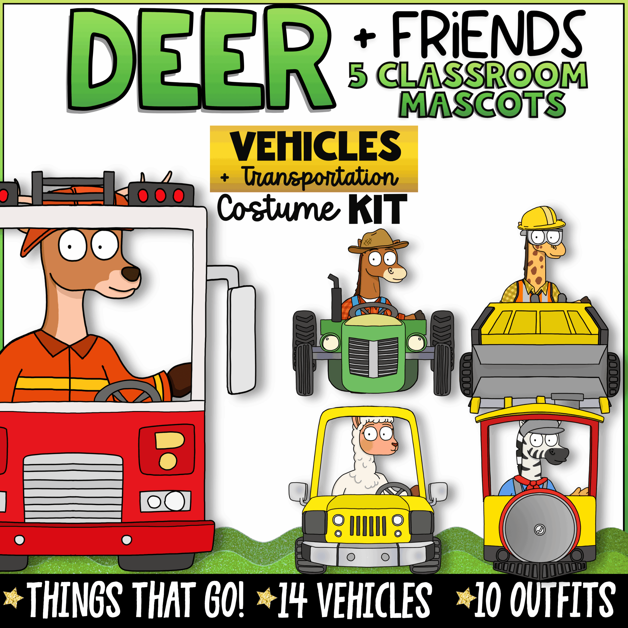 Classroom Goose On the Go Transportation Vehicles for Morning Meeting Deer + Friends Vehicles and Transportation classroom mascot costume kit featuring Deer, Horse, Zebra, Alpaca, and Giraffe with printable vehicle props including fire truck, tractor, skid steer, off-road vehicle, and train. Includes 14 transportation vehicles, 10 themed outfits, and classroom community activities for elementary classrooms.