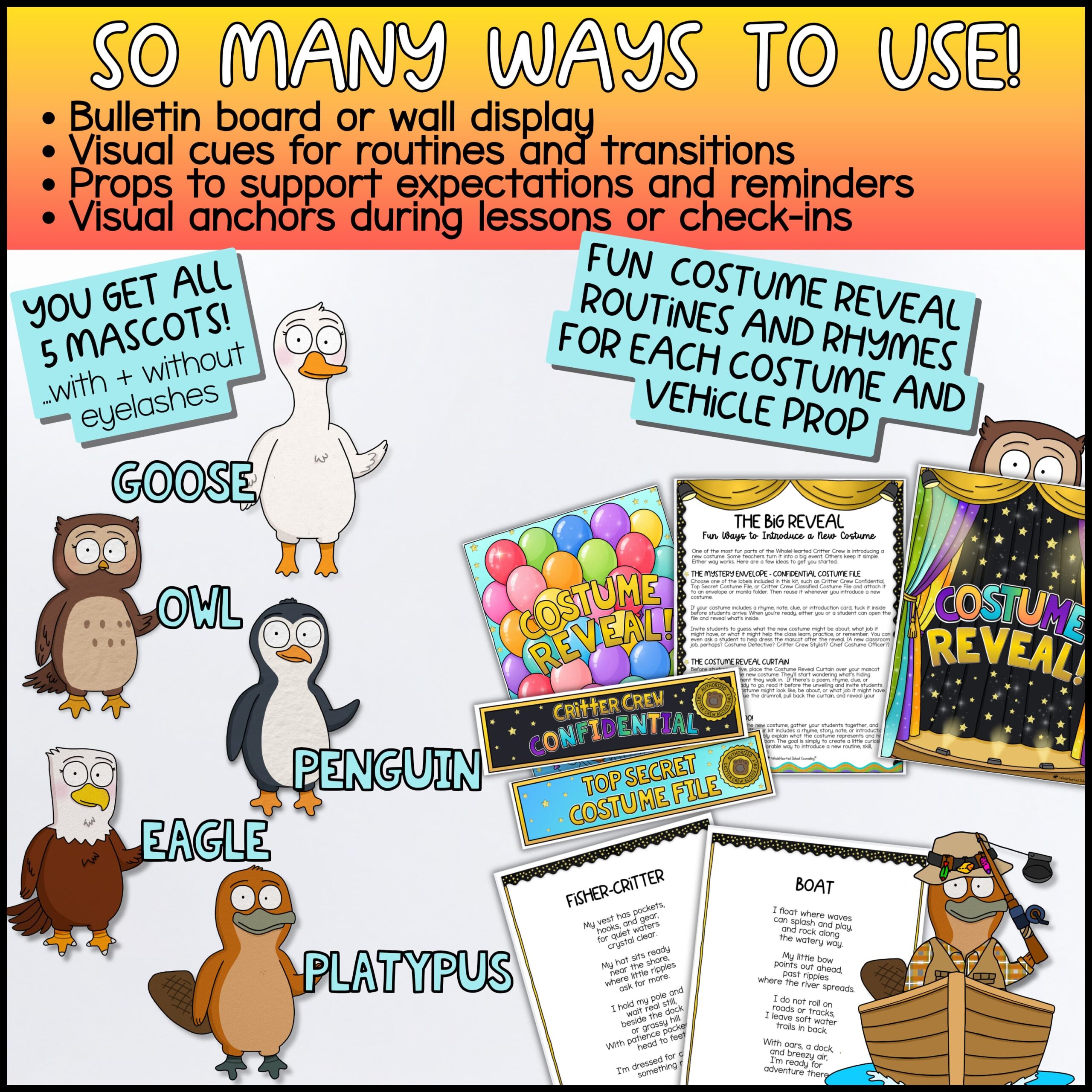 Classroom Goose On the Go Vehicle Costumes for Bulletin Board Displays Goose + Friends printable transportation classroom mascot kit with Goose, Owl, Penguin, Eagle, and Platypus mascots, vehicle props, costume reveal routines, bulletin board displays, classroom visual supports, transportation-themed activities, and printable classroom management resources.