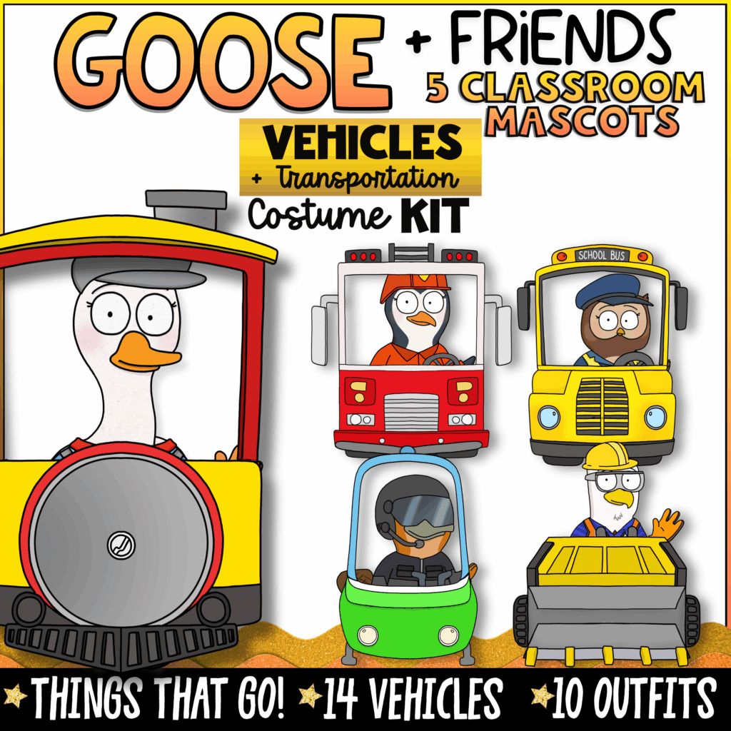 Goose + Friends Vehicles and Transportation classroom mascot costume kit featuring Goose, Owl, Penguin, Eagle, and Platypus with trains, fire trucks, school buses, airplanes, construction vehicles, and other transportation props. Includes 14 printable vehicle props, 10 career outfits, and classroom community activities for elementary classrooms.