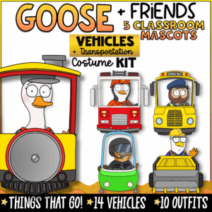 Goose + Friends Vehicles and Transportation classroom mascot costume kit featuring Goose, Owl, Penguin, Eagle, and Platypus with trains, fire trucks, school buses, airplanes, construction vehicles, and other transportation props. Includes 14 printable vehicle props, 10 career outfits, and classroom community activities for elementary classrooms.
