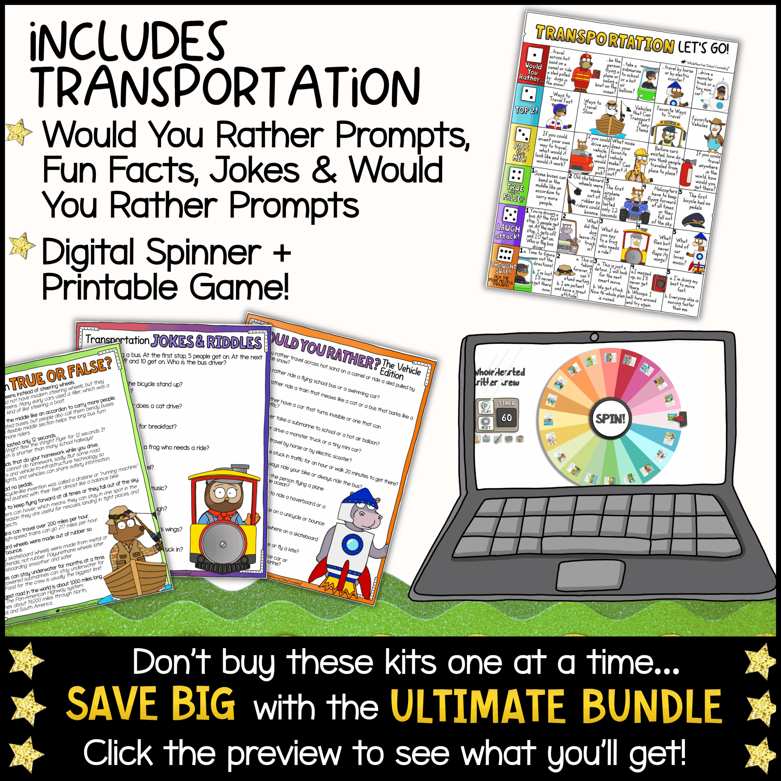 Classroom Goose Transportation Vehicles for Bulletin Boards Routines and Rewards Transportation-themed classroom activity pack with Would You Rather questions, transportation facts, jokes, conversation starters, printable discussion pages, digital spinner game, and interactive transportation activities for morning meetings, brain breaks, SEL lessons, and elementary classrooms.