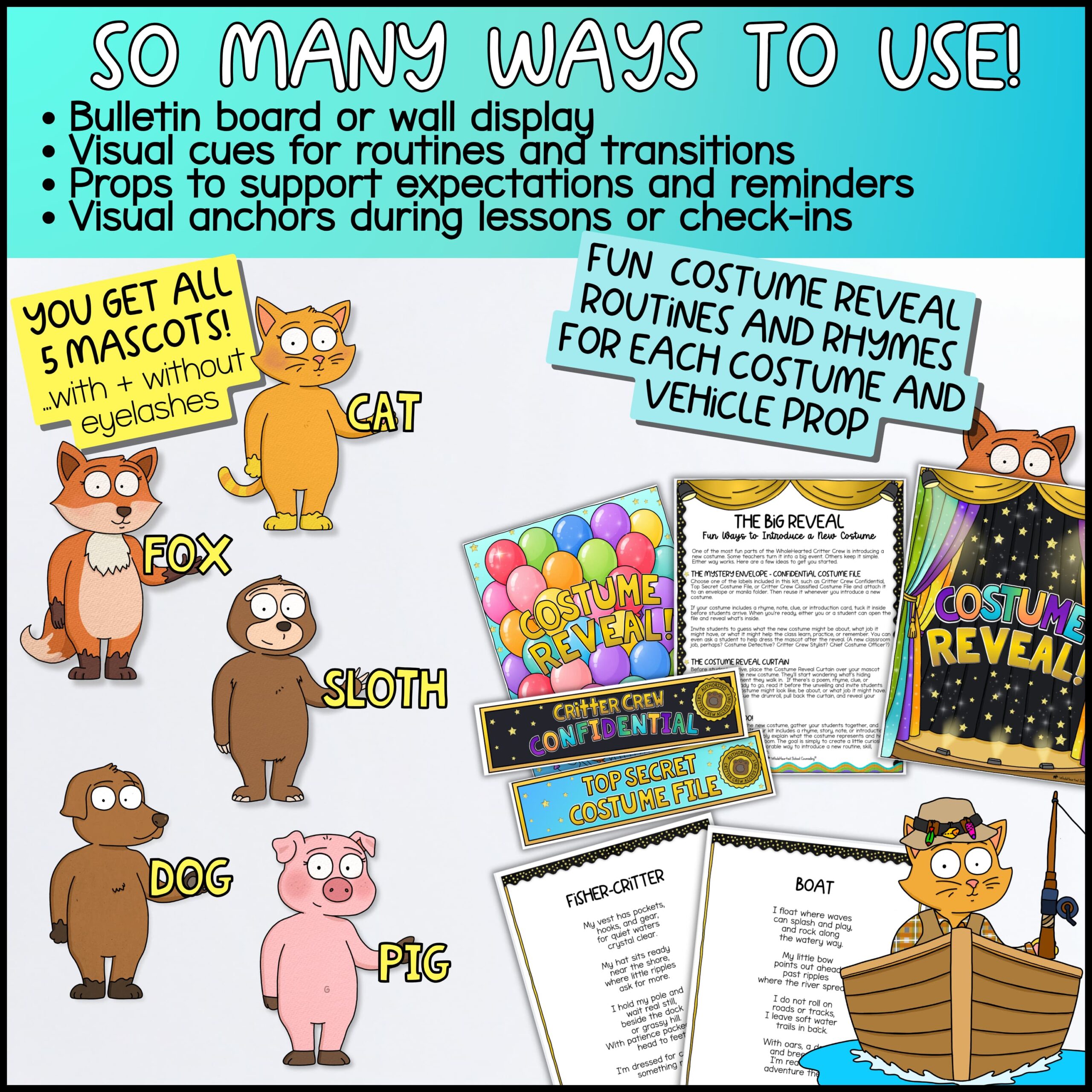 Classroom Goose Vehicle Costume Kit for Bulletin Boards and SEL Lessons Fox + Friends printable transportation classroom mascot kit with Fox, Cat, Dog, Pig, and Sloth mascots, vehicle props, costume reveal routines, printable poems, bulletin board displays, classroom visual supports, and transportation-themed classroom management resources.