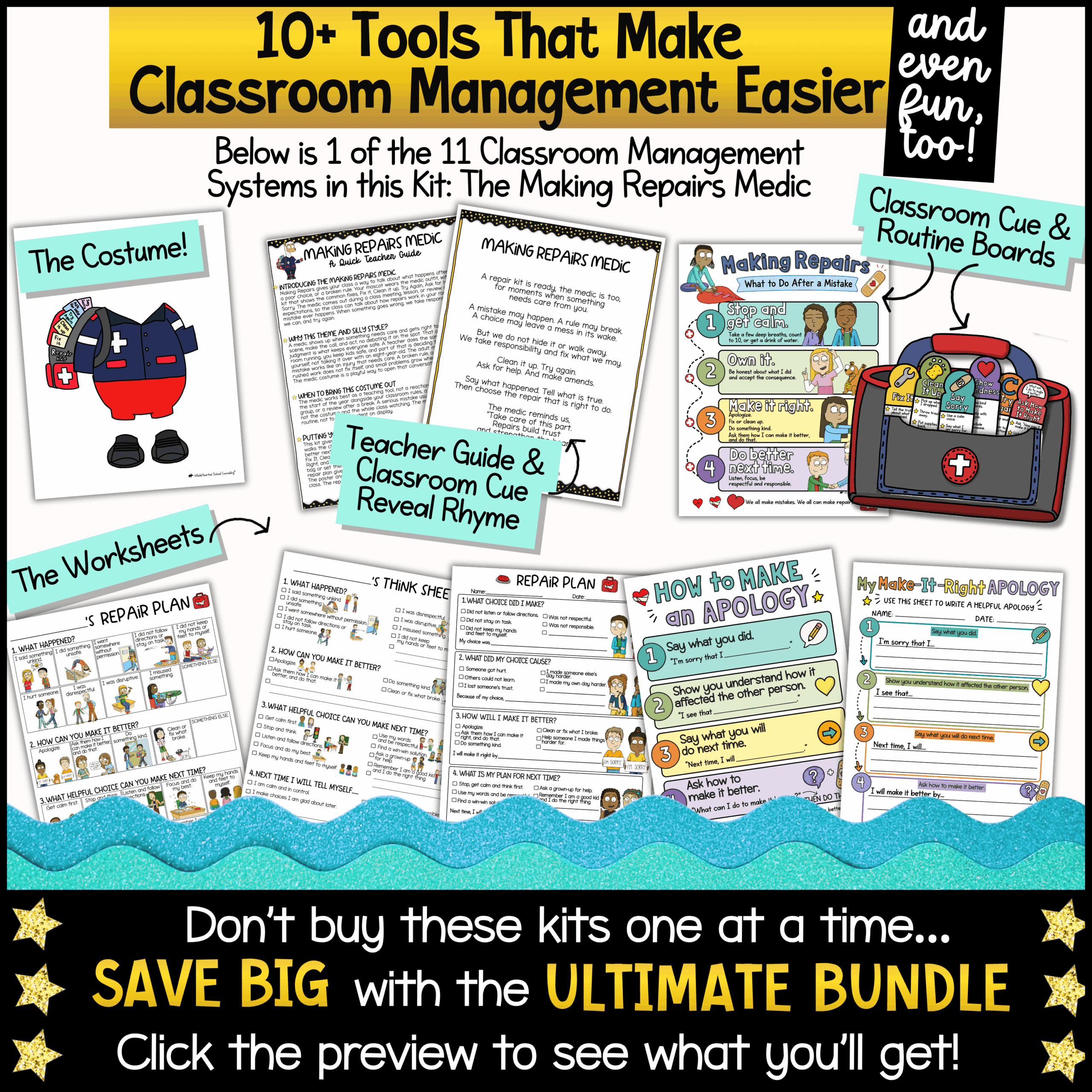 Goose Behavior Management Resource with PBIS Tools and Restorative Practices Classroom behavior management resources featuring the Making Repairs Medic system with restorative think sheets, apology writing activities, repair plans, classroom cue boards, printable worksheets, teacher guide, costume pieces, and PBIS classroom behavior supports for elementary students.