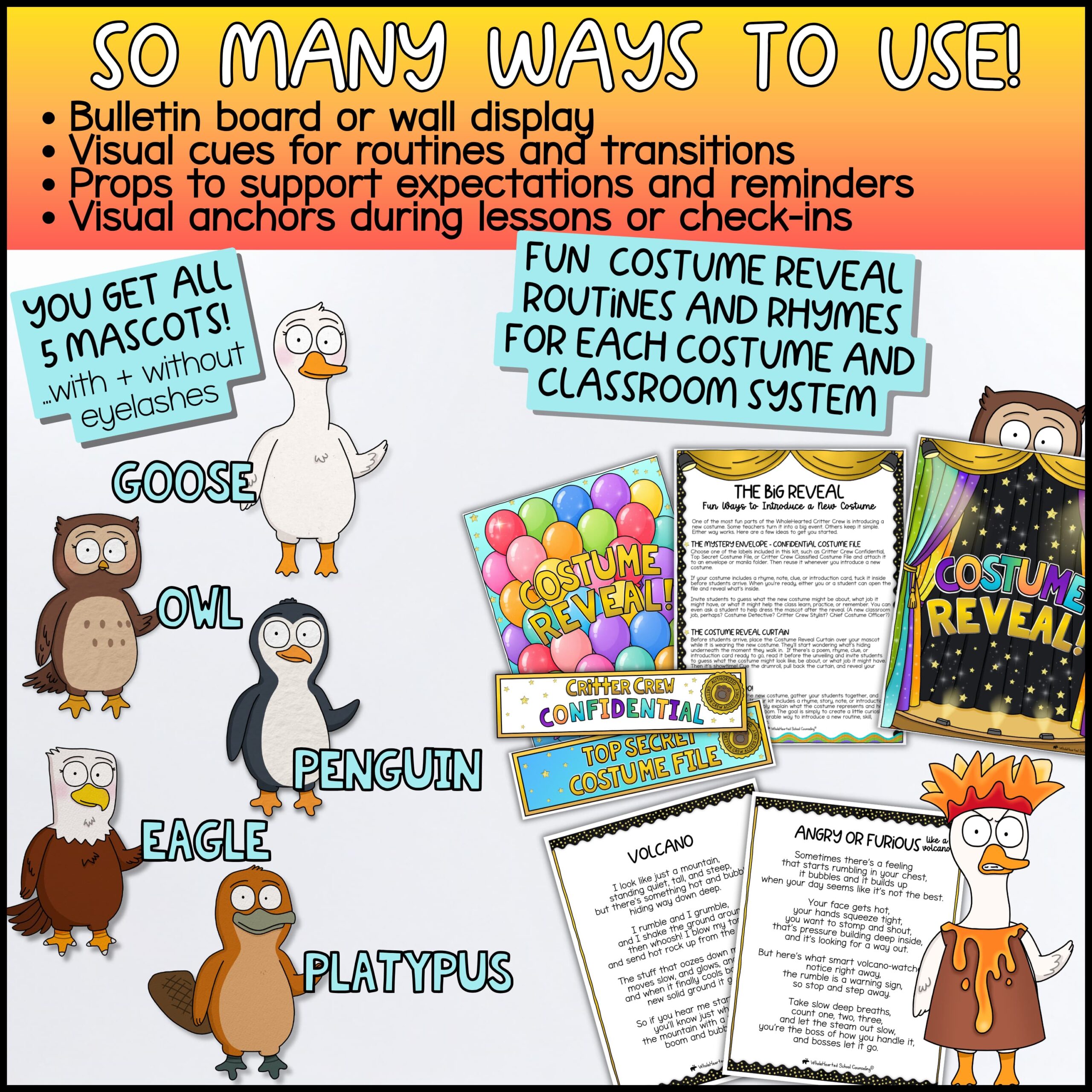Goose Behavior Management Tools for PBIS, Think Sheets, and Classroom Routines Five classroom mascots including Goose, Owl, Eagle, Penguin, and Platypus with feelings costumes, costume reveal routines and rhymes, printable teacher guides, and classroom visual supports for social-emotional learning.
