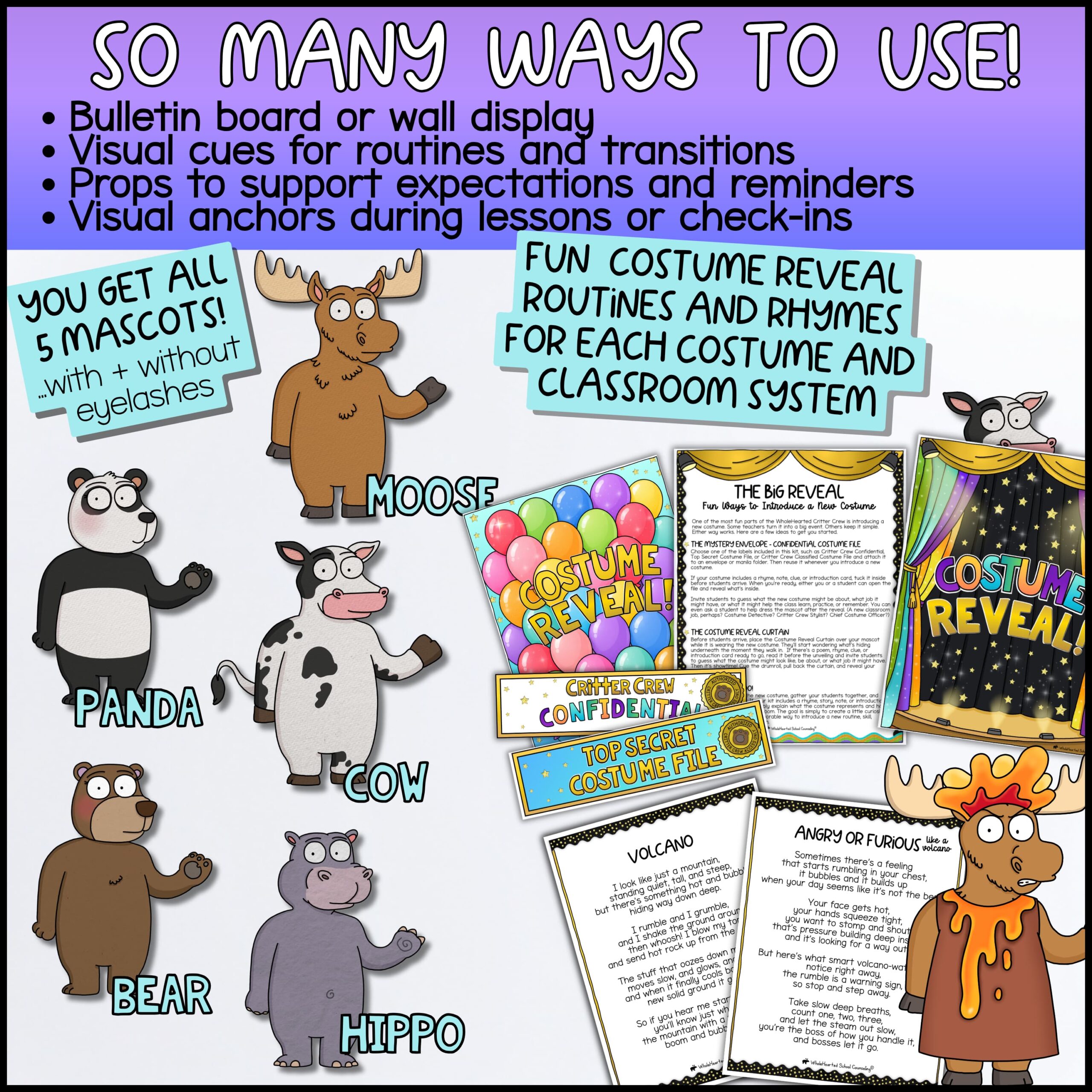 Goose Behavior Tools for Classroom Management, Think Sheets, and PBIS Five classroom mascots including Moose, Panda, Cow, Bear, and Hippo with feelings costumes, costume reveal routines and rhymes, printable teacher guides, and classroom visual supports for social-emotional learning.