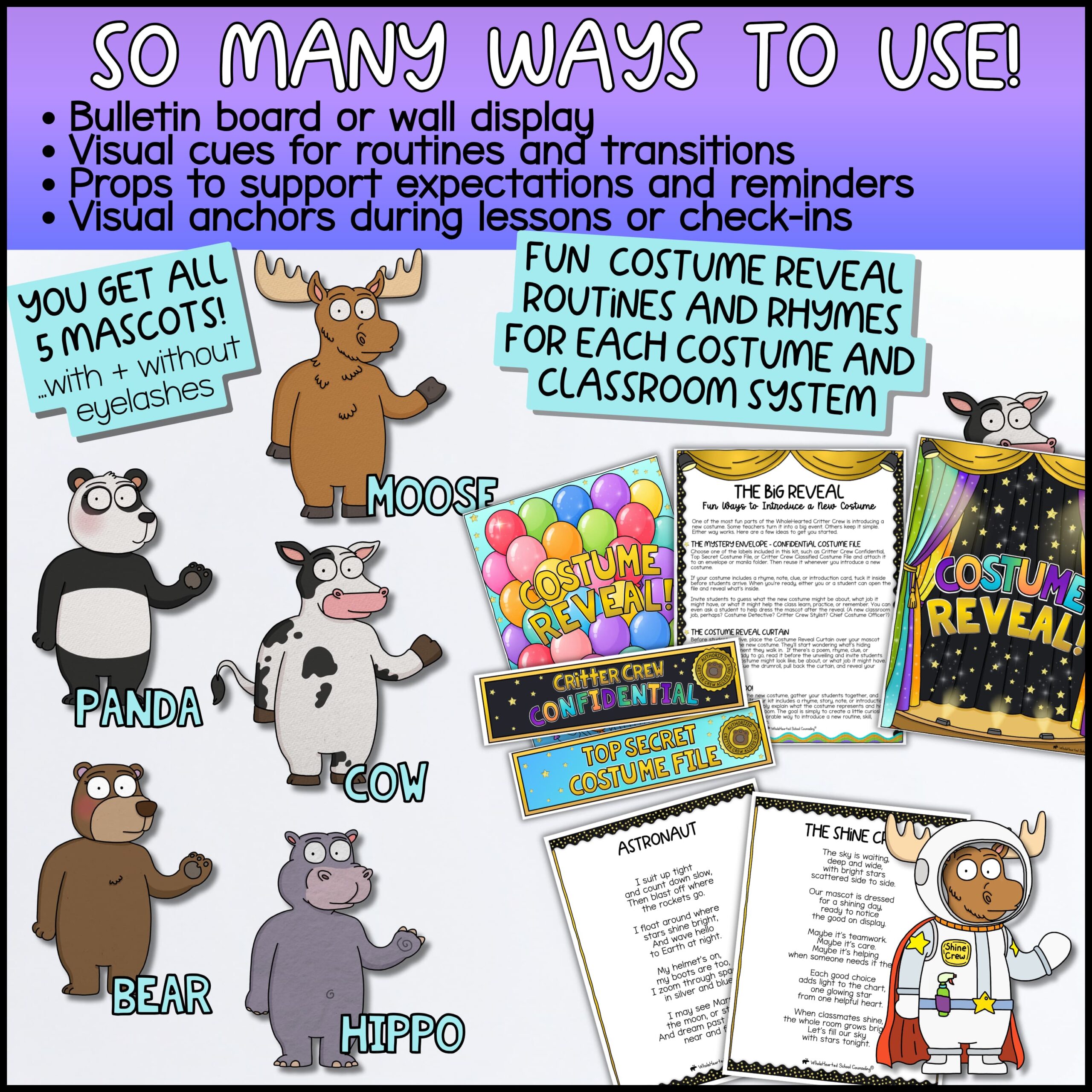 Goose Behavior Tools for Classroom Management, Think Sheets, and PBIS Moose + Friends printable classroom mascot behavior management kit with bulletin board displays, visual classroom routine supports, costume reveal activities, printable rhymes, classroom management systems, and behavior cue cards for elementary classrooms.