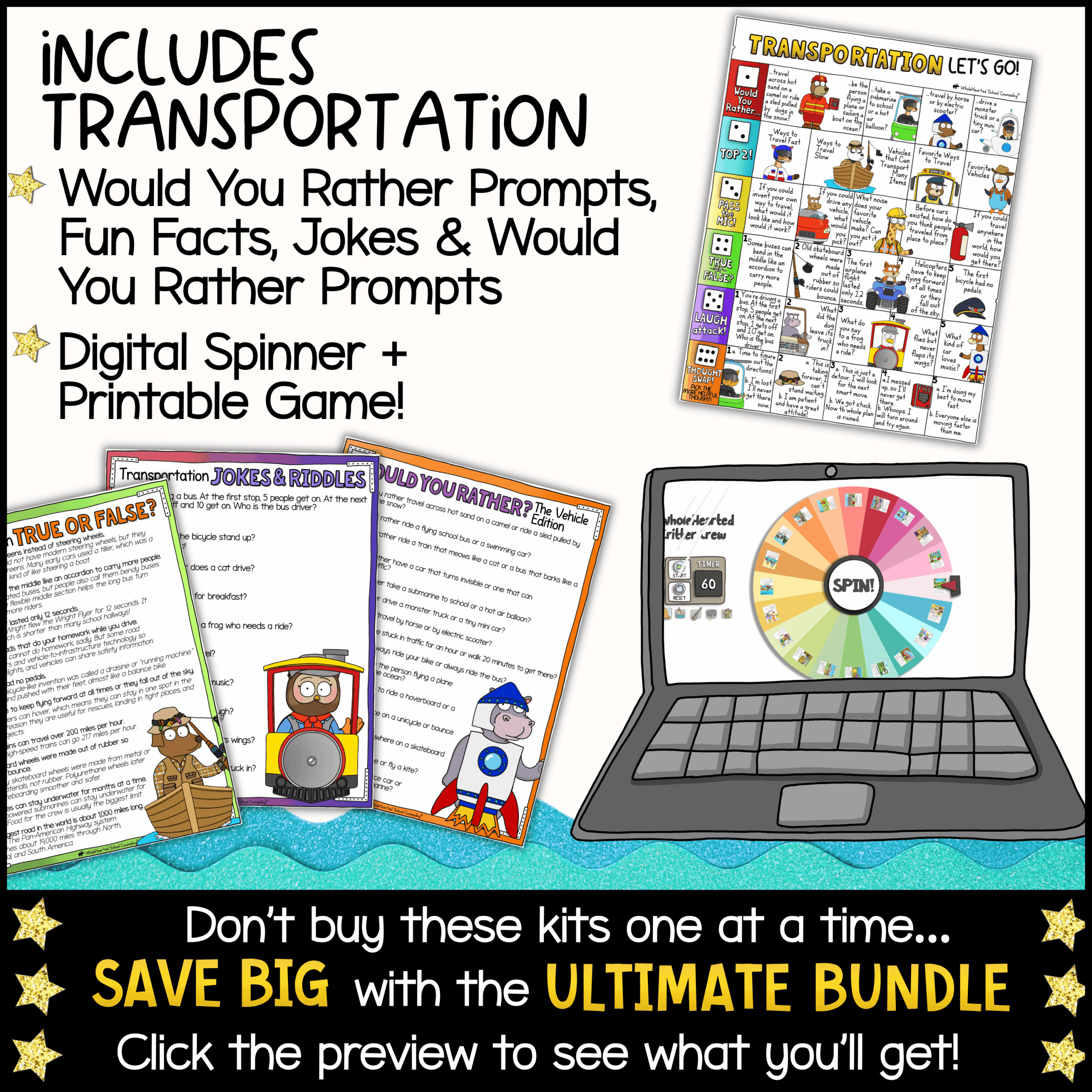 Goose Class Mascot Transportation Props for Classroom Community Building Transportation-themed classroom activity pack with Would You Rather questions, transportation facts, jokes, conversation starters, printable discussion pages, digital spinner game, and interactive transportation activities for morning meetings, brain breaks, SEL lessons, and elementary classrooms.