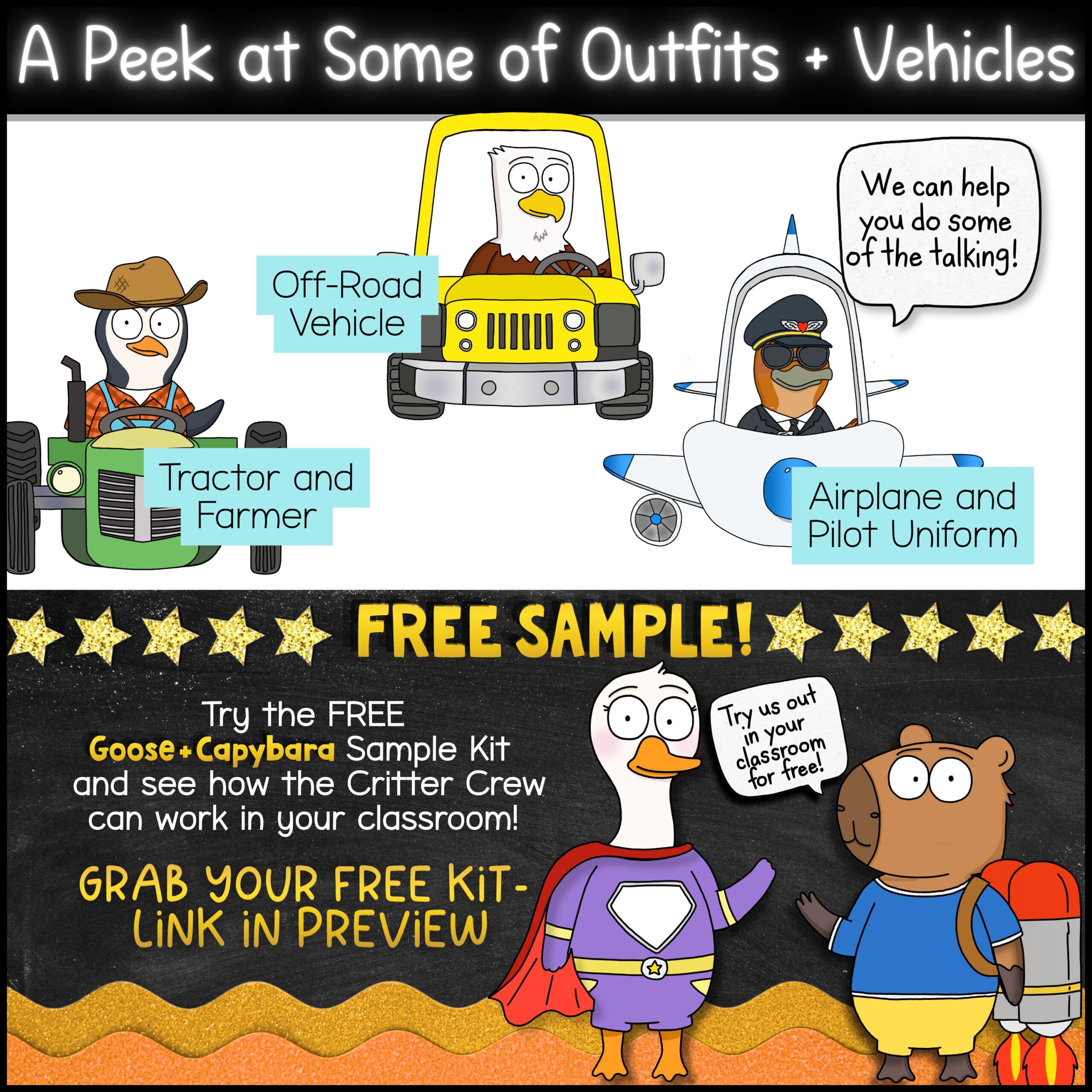 Goose Class Mascot Transportation Vehicle Props for Classroom Routines Transportation classroom mascot costume preview featuring Tractor and Farmer Penguin, Off-Road Vehicle Eagle, and Airplane with Pilot Uniform Platypus. Printable transportation props and vehicle costumes for classroom displays, dramatic play, transportation units, and elementary classroom engagement.