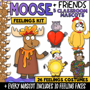 Moose and Friends Feelings Kit with five classroom mascots, 26 feelings costumes, 10 interchangeable facial expressions for every mascot, and social-emotional learning tools that help students recognize, express, and regulate emotions.