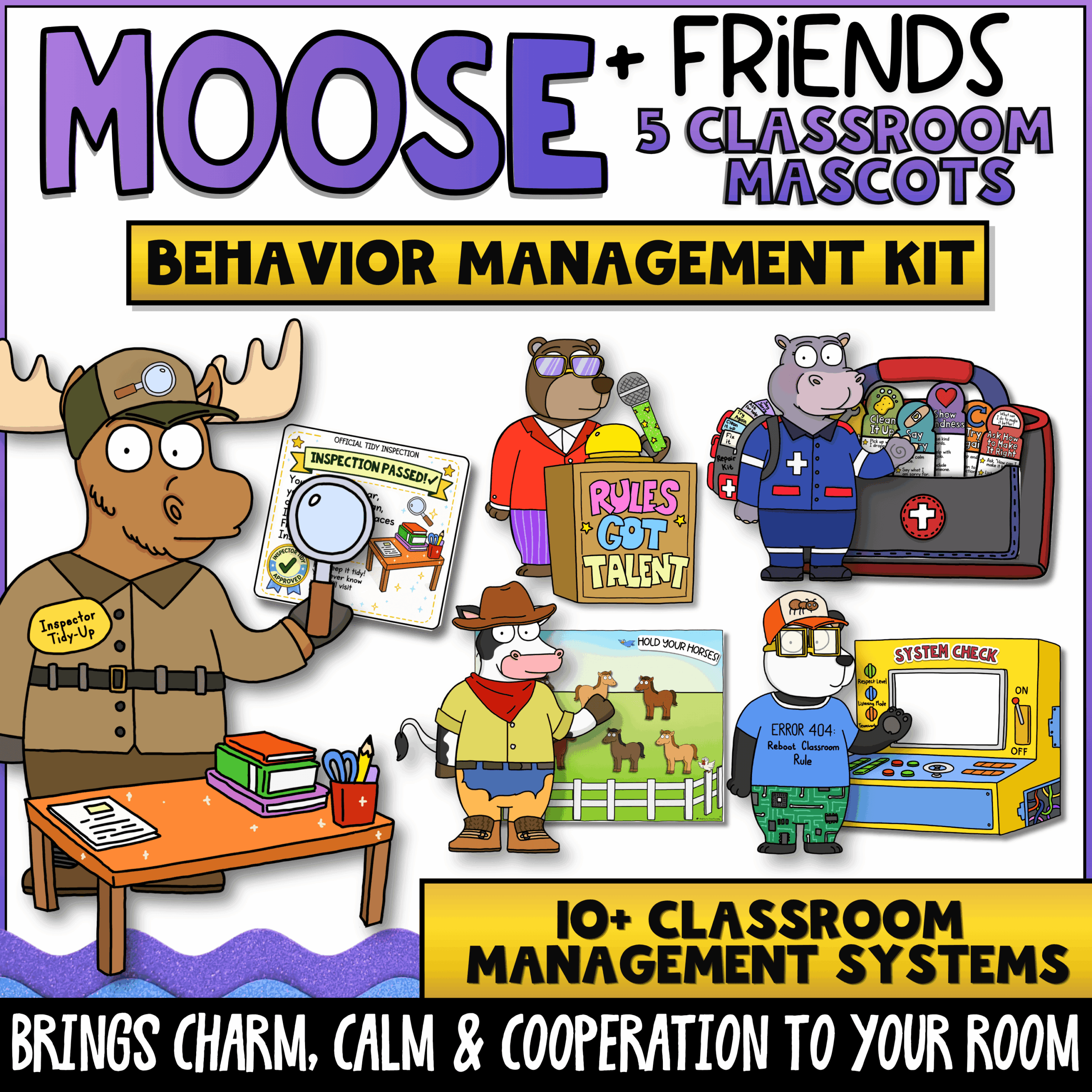 Goose Classroom Behavior Management Kit with Think Sheets and PBIS Tools Moose + Friends classroom behavior management kit featuring Moose, Bear, Panda, Cow, and Hippo with over 10 classroom management systems. Includes PBIS behavior supports, classroom routines, behavior expectations, classroom mascots, restorative practices, and elementary behavior management activities.
