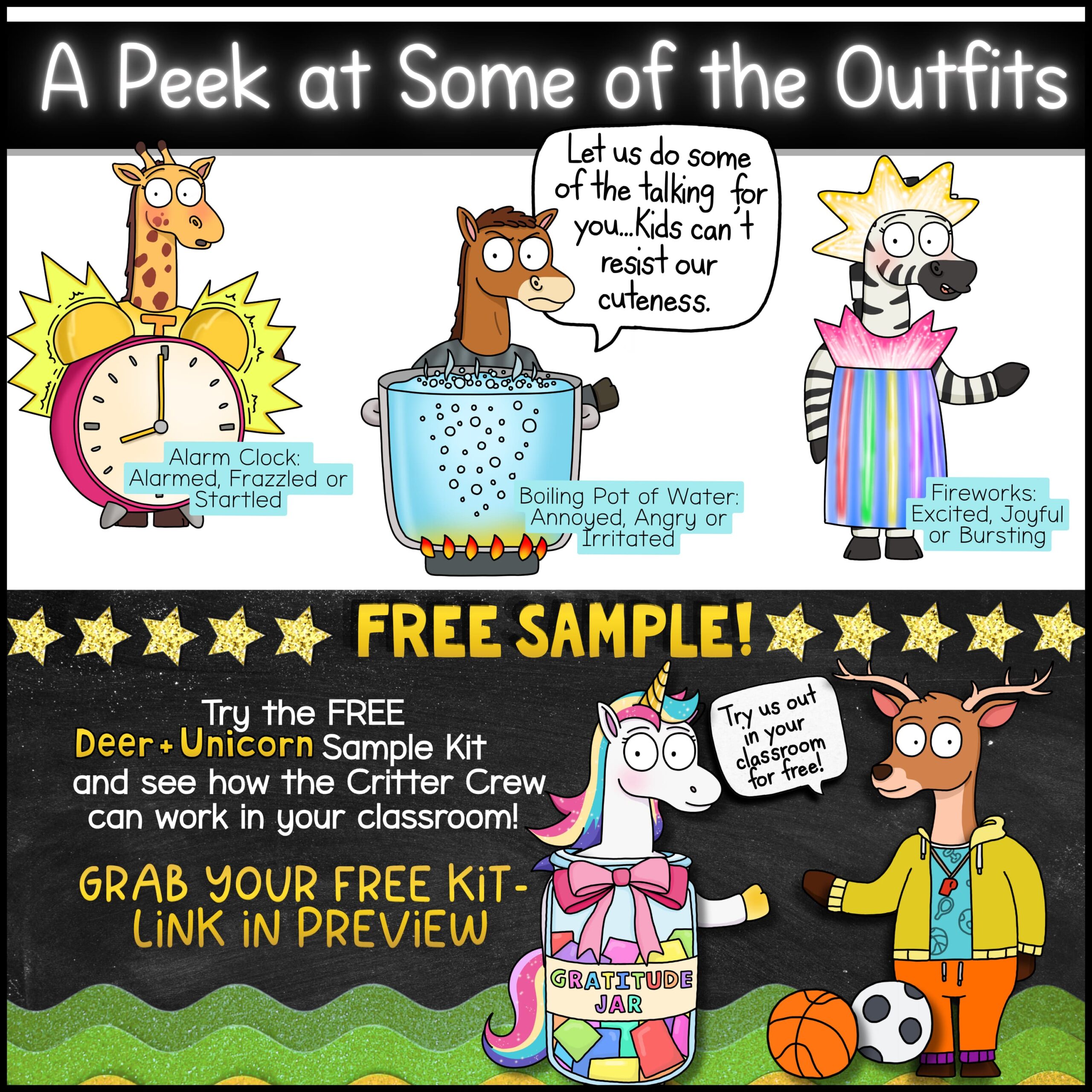 Goose Classroom Behavior Management Systems with Restorative Think Sheets Preview of Deer and Friends classroom mascot feelings costumes including alarm clock, boiling pot of water, and fireworks visual metaphors for emotions. Includes a free Deer and Unicorn sample kit for teaching feelings, emotional awareness, and self-regulation.