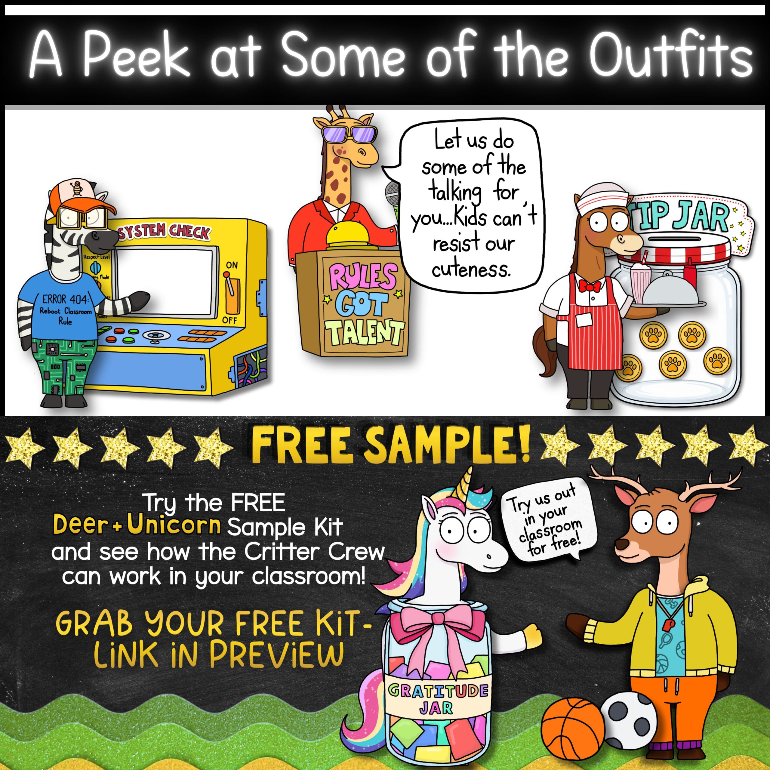 Goose Classroom Behavior Management Systems with Restorative Think Sheets Preview of Deer + Friends classroom mascot outfits featuring a classroom system check station, Rules Got Talent behavior activity, Tip Jar positive reinforcement system, and free Deer and Unicorn classroom mascot sample for behavior management and student engagement.