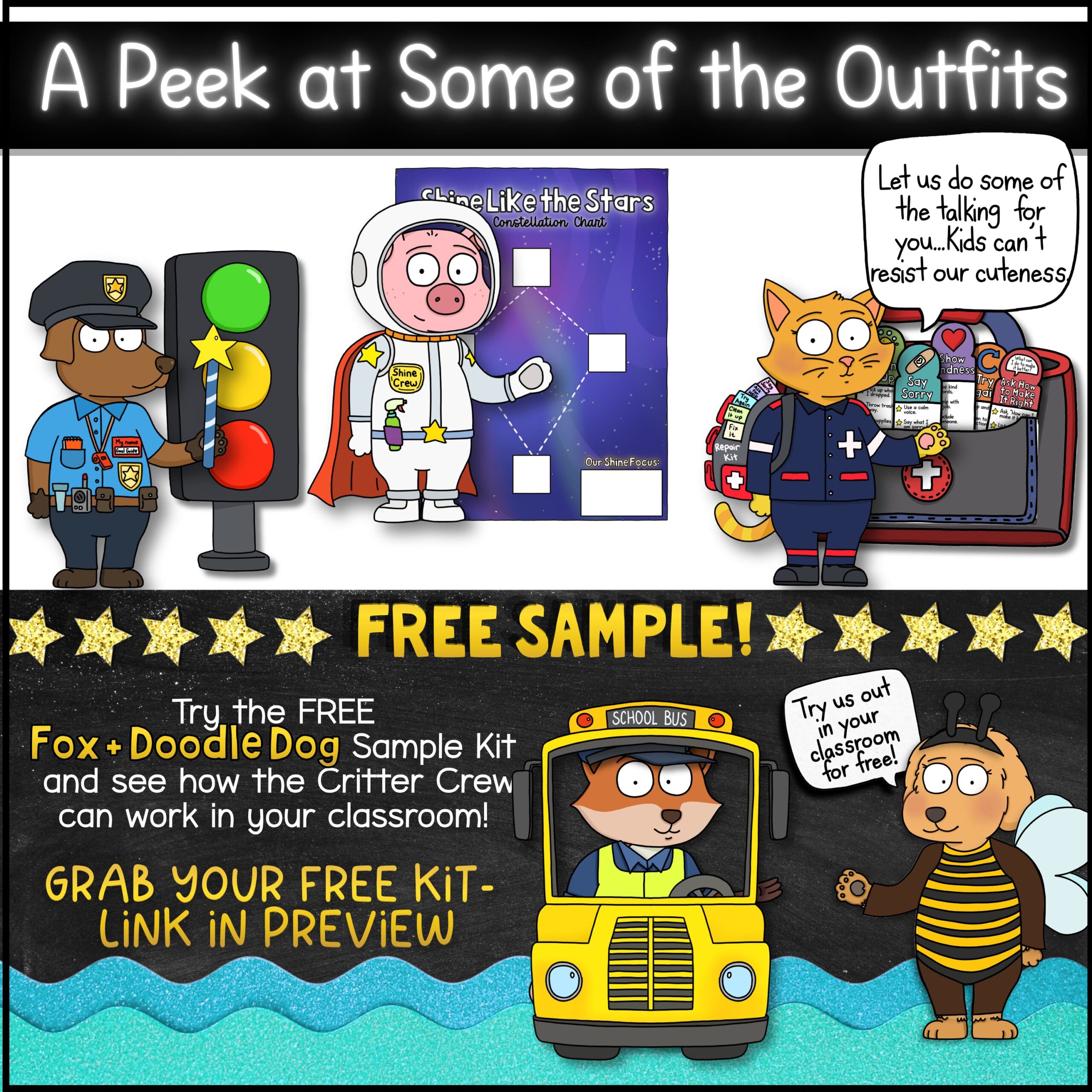 Goose Classroom Behavior Tools with Restorative Practices and PBIS Supports Preview of Fox + Friends classroom mascot outfits featuring a traffic light behavior tool, astronaut classroom goal display, repair medic costume with behavior toolkit, and free Fox and Doodle Dog classroom mascot sample for behavior management and classroom engagement.