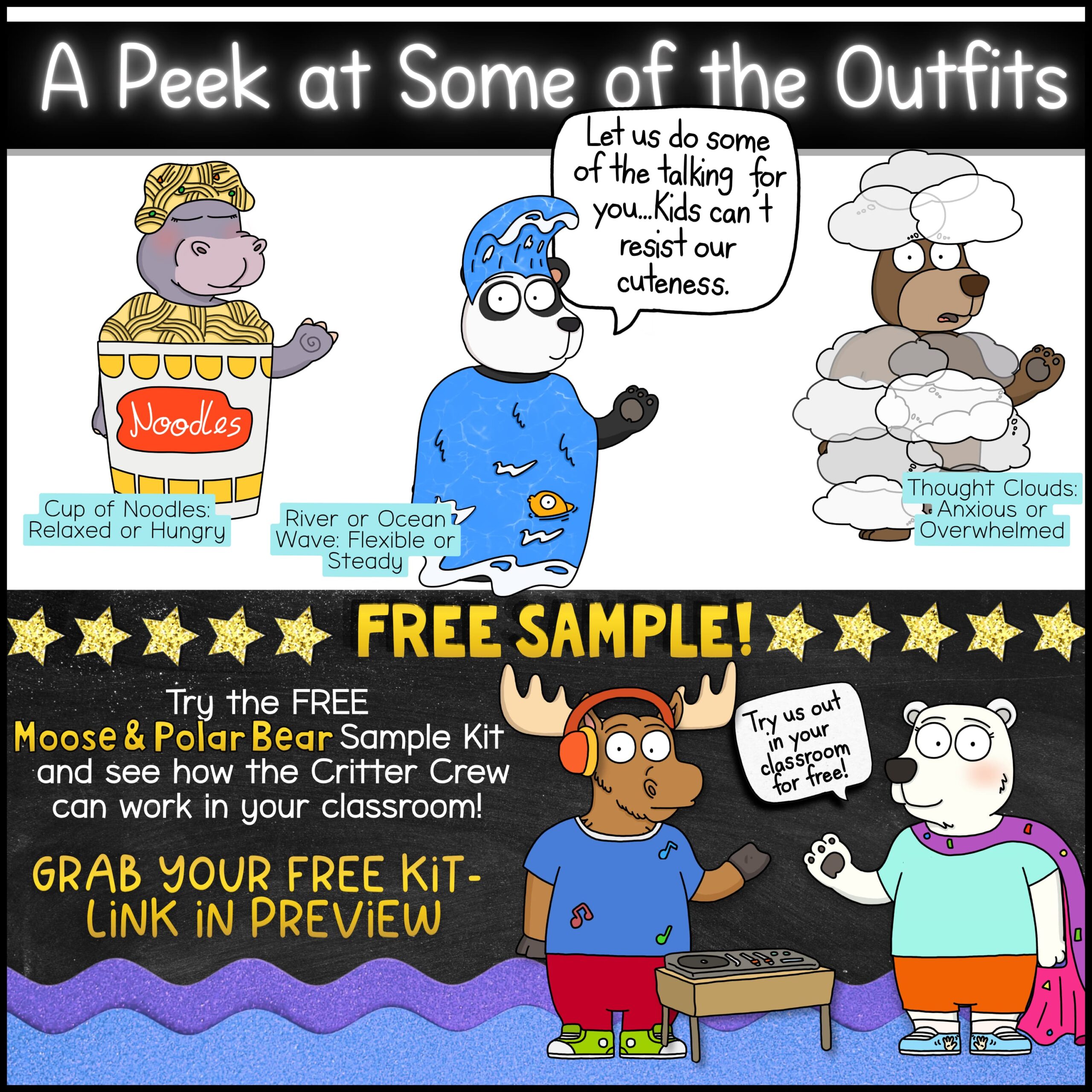 Goose Classroom Management Activities for Behavior, PBIS, and Restorative Practices Preview of classroom mascot feelings costumes including volcano, broken heart, sunshine, chicken, cup of noodles, ocean wave, and thought cloud themes. Includes a free Moose and Polar Bear sample kit for teaching feelings and coping skills.