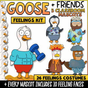 Goose and Friends Feelings Kit with five classroom mascots, 26 feelings costumes, 10 interchangeable facial expressions for every mascot, and social-emotional learning tools that help students identify, express, and regulate emotions.