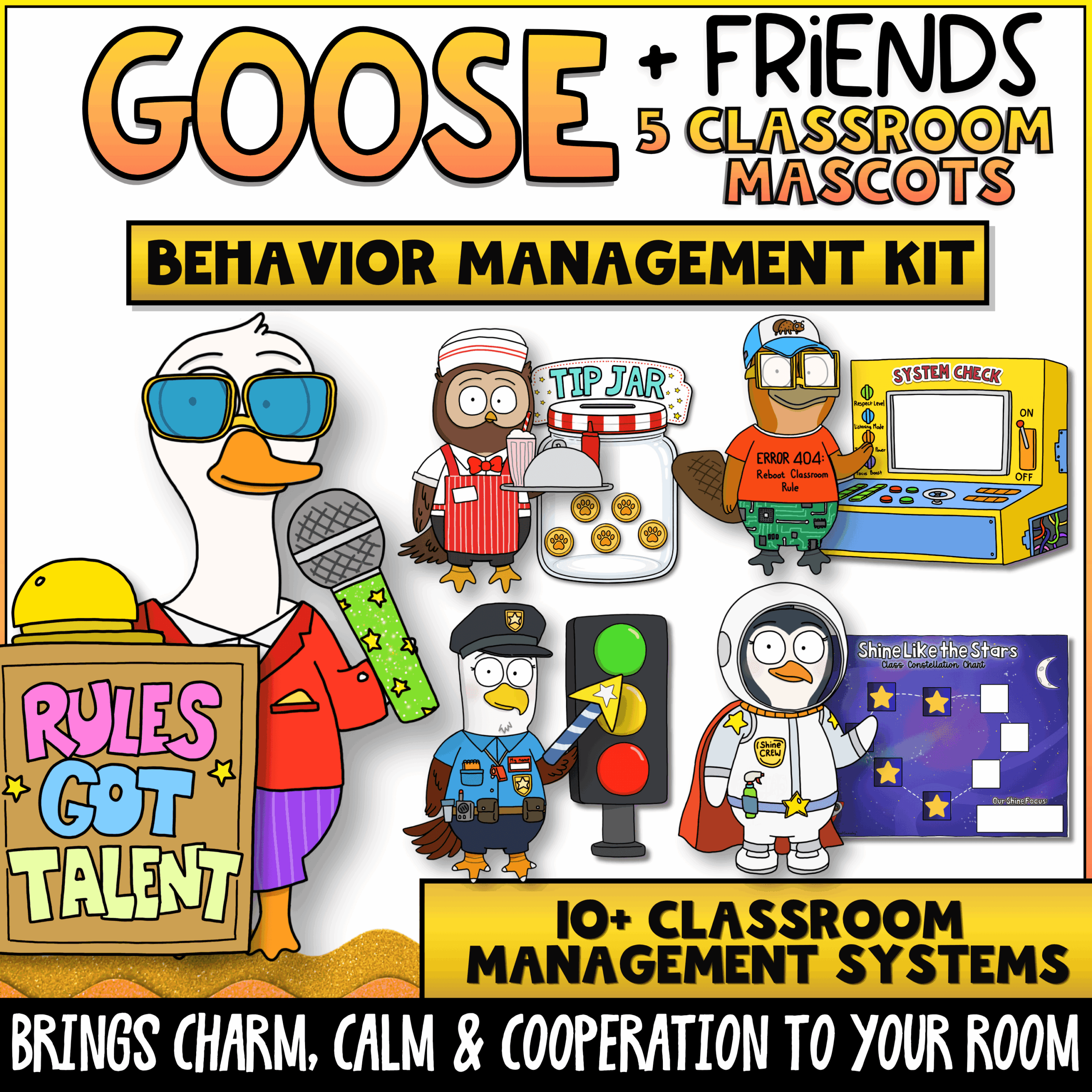 Goose Classroom Management Behavior Tools with Think Sheets and PBIS Supports Goose + Friends classroom behavior management kit featuring Goose, Owl, Eagle, Penguin, and Platypus with over 10 classroom management systems. Includes behavior routines, classroom expectations, PBIS supports, rule reminders, classroom mascots, and behavior management tools for elementary classrooms.