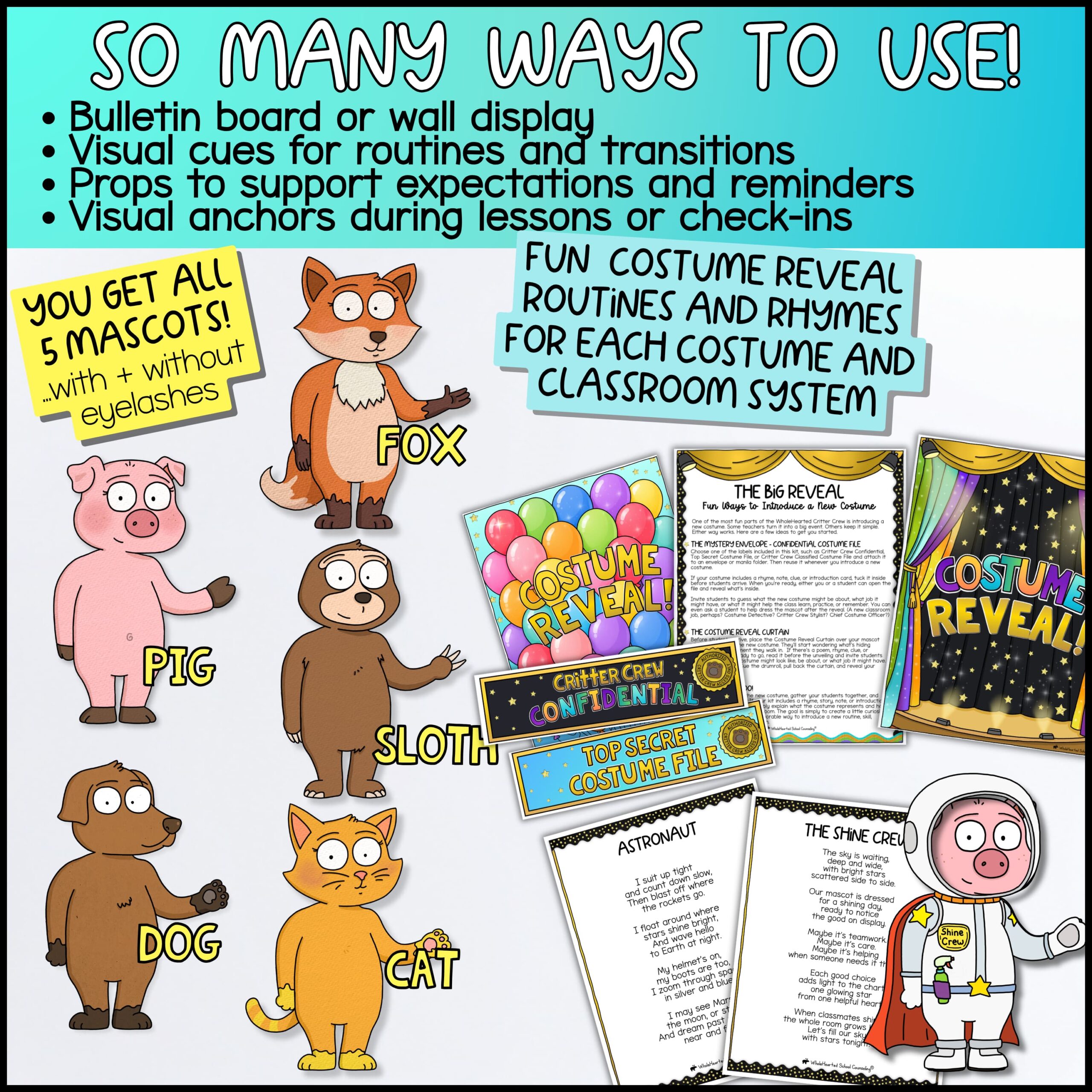 Goose Classroom Management Costume Kit with Behavior and Think Sheets Fox + Friends printable classroom mascot behavior management kit with bulletin board displays, visual classroom routine supports, costume reveal activities, printable rhymes, classroom management systems, and behavior cue cards for elementary classrooms.