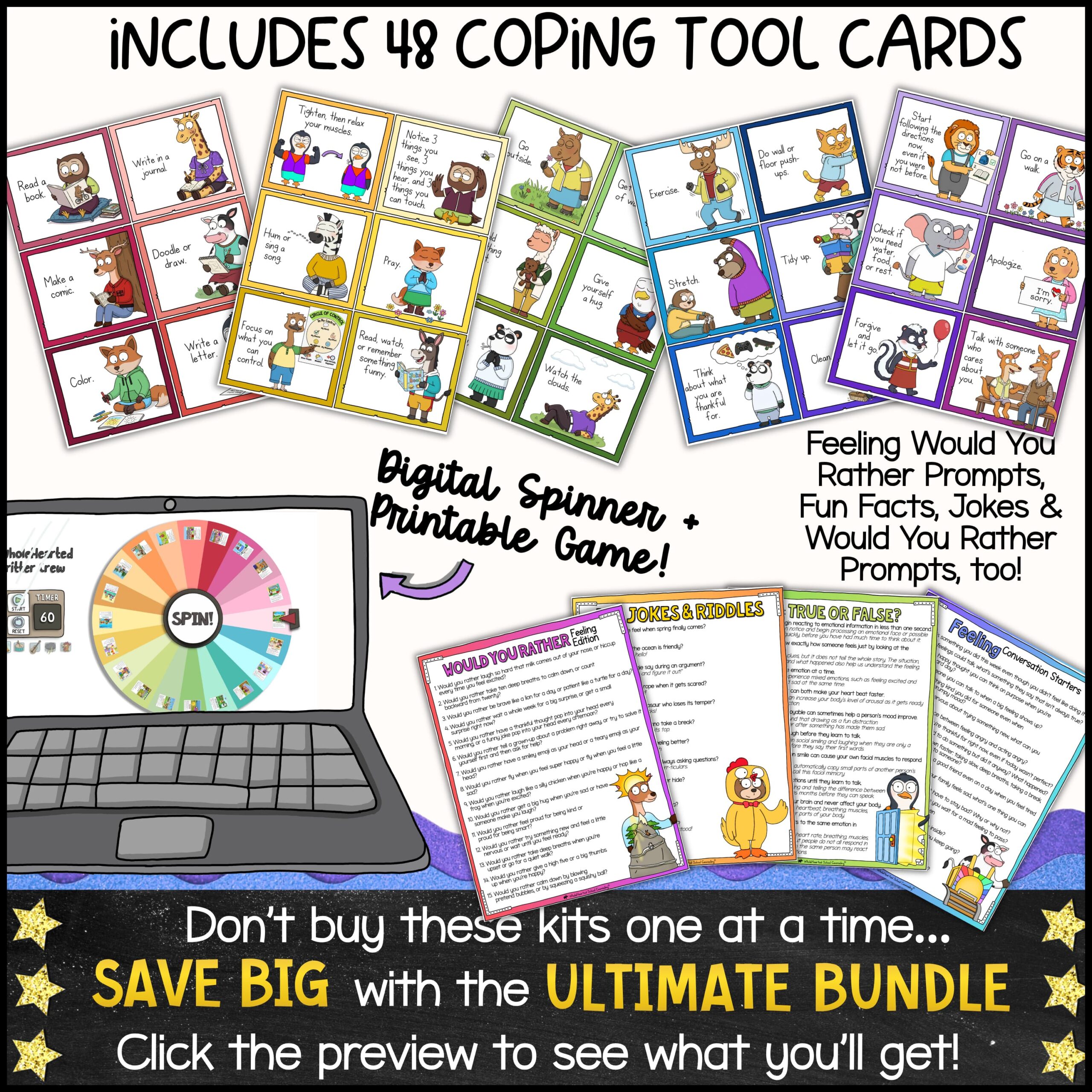 Goose Classroom Management Preview with Behavior Tools and Think Sheets Social-emotional learning resource featuring 48 printable coping tool cards, digital coping strategy spinner, conversation starters, jokes, fun facts, feeling prompts, would-you-rather questions, and classroom self-regulation activities.