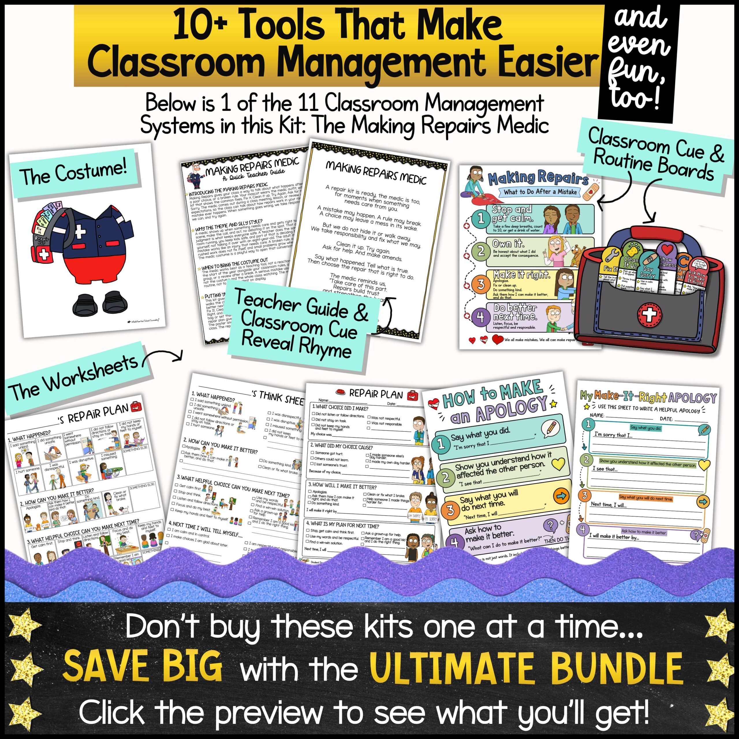 Goose Classroom Management Preview with Behavior Tools and Think Sheets Classroom behavior management resources featuring the Making Repairs Medic system with restorative think sheets, apology writing activities, repair plans, classroom cue boards, printable worksheets, teacher guide, costume pieces, and PBIS classroom behavior supports for elementary students.