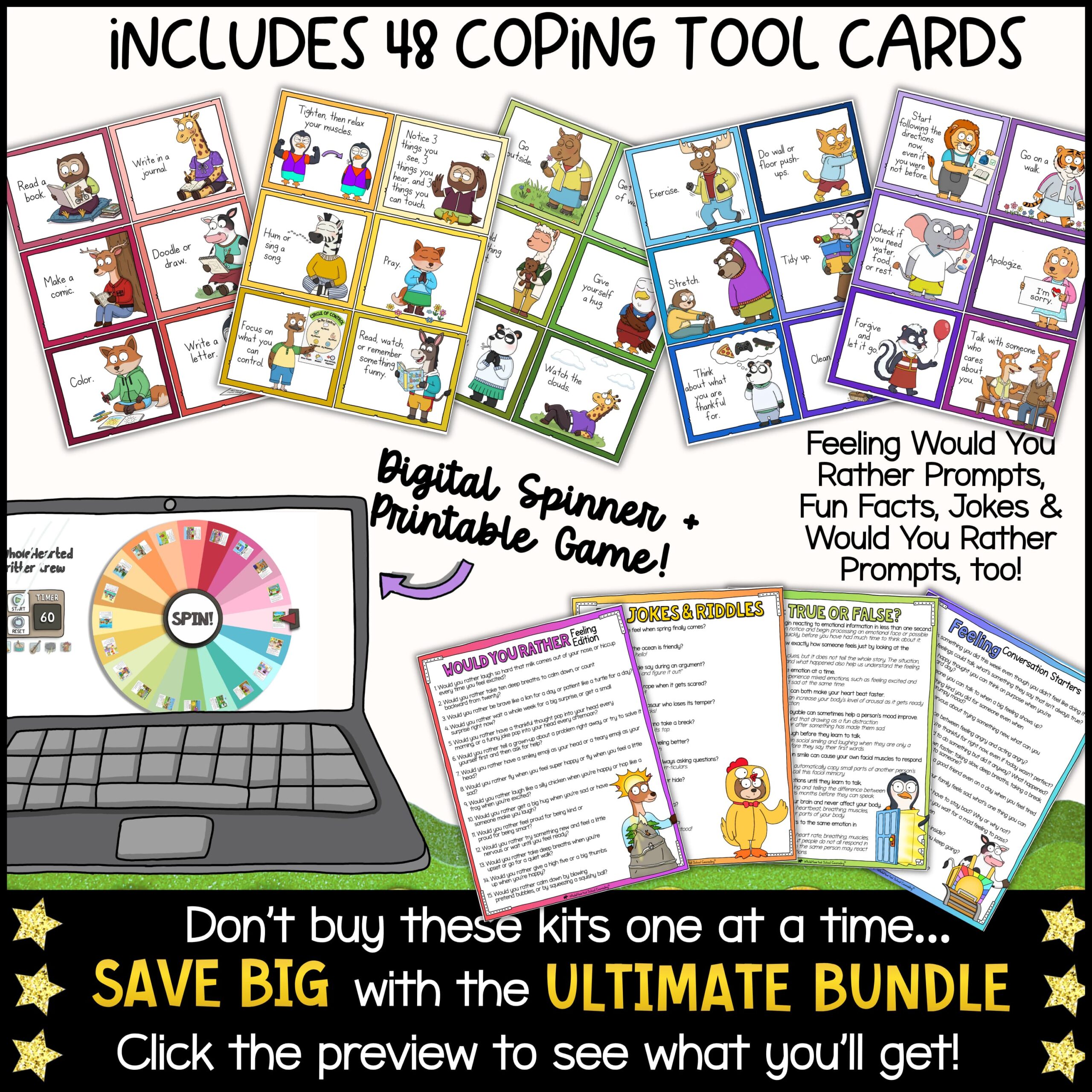 Goose Classroom Management Resource with Behavior Supports and PBIS Visuals Social-emotional learning resource featuring 48 printable coping tool cards, digital coping strategy spinner, conversation starters, jokes, fun facts, feeling prompts, would-you-rather questions, and classroom self-regulation activities.