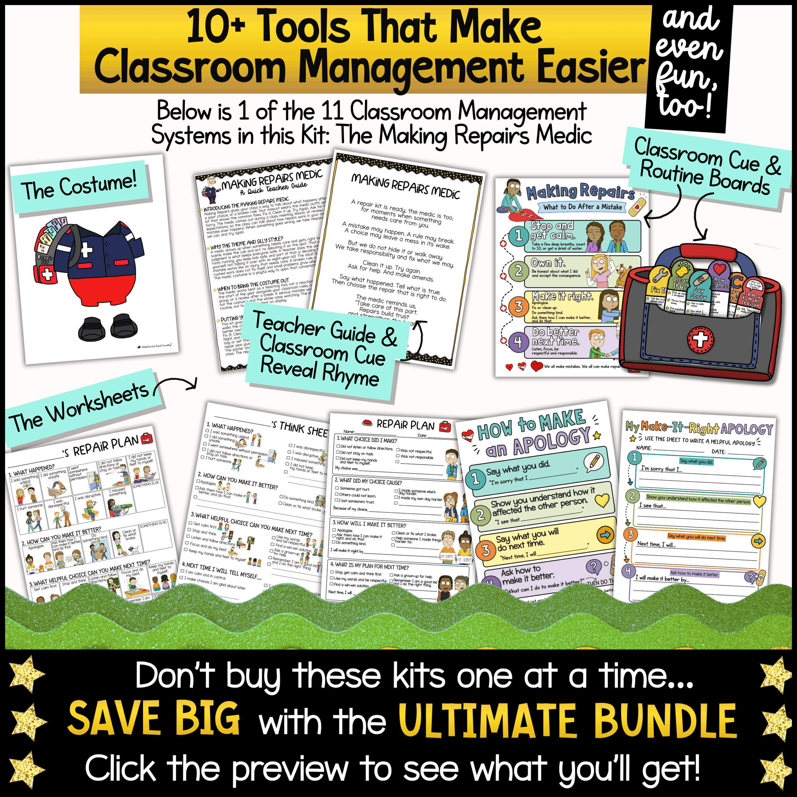 Goose Classroom Management Resource with Behavior Supports and PBIS Visuals Classroom behavior management resources featuring the Making Repairs Medic system with restorative think sheets, repair plans, apology writing activities, classroom cue boards, printable worksheets, teacher guide, costume pieces, and PBIS classroom behavior supports for elementary students.