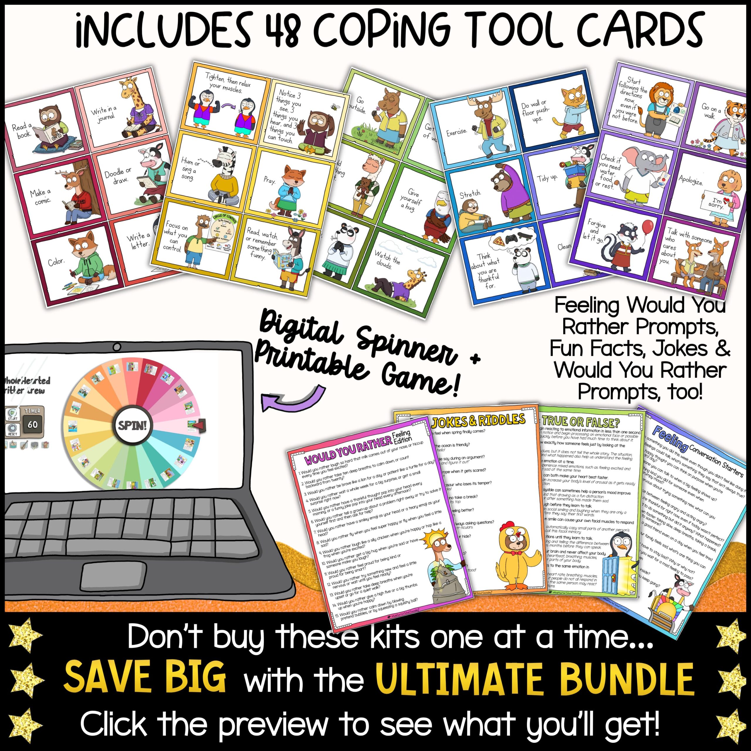 Goose Classroom Management Systems with PBIS and Restorative Think Sheets Social-emotional learning resource featuring 48 printable coping tool cards, digital coping strategy spinner, conversation starters, jokes, fun facts, feeling prompts, would-you-rather questions, and classroom self-regulation activities.