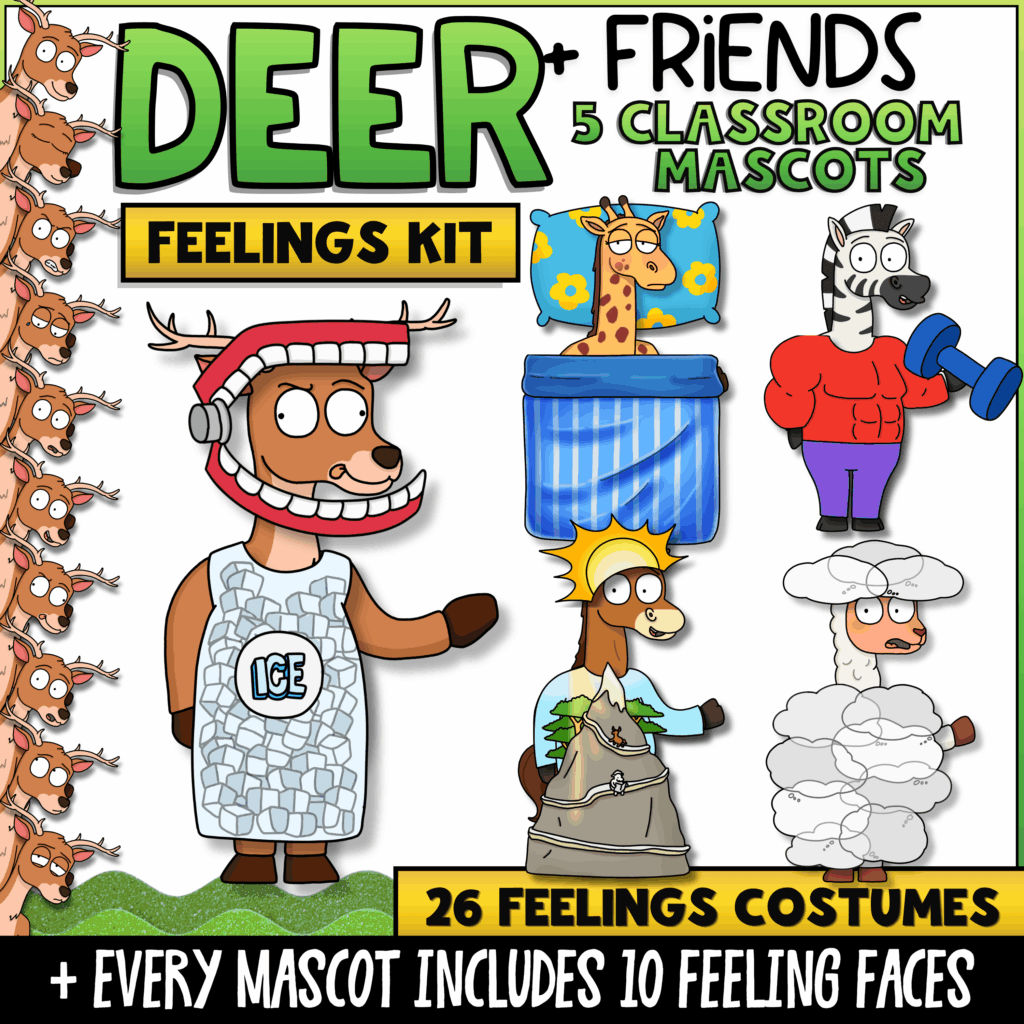 Deer and Friends Feelings Kit with five classroom mascots, 26 feelings costumes, 10 interchangeable facial expressions for every mascot, and social-emotional learning activities that help students recognize, discuss, and manage emotions.