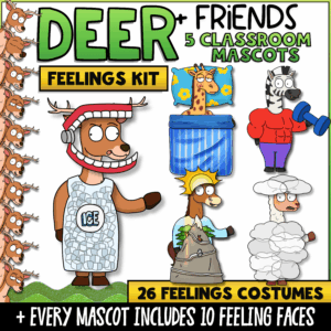 Deer and Friends Feelings Kit with five classroom mascots, 26 feelings costumes, 10 interchangeable facial expressions for every mascot, and social-emotional learning activities that help students recognize, discuss, and manage emotions.