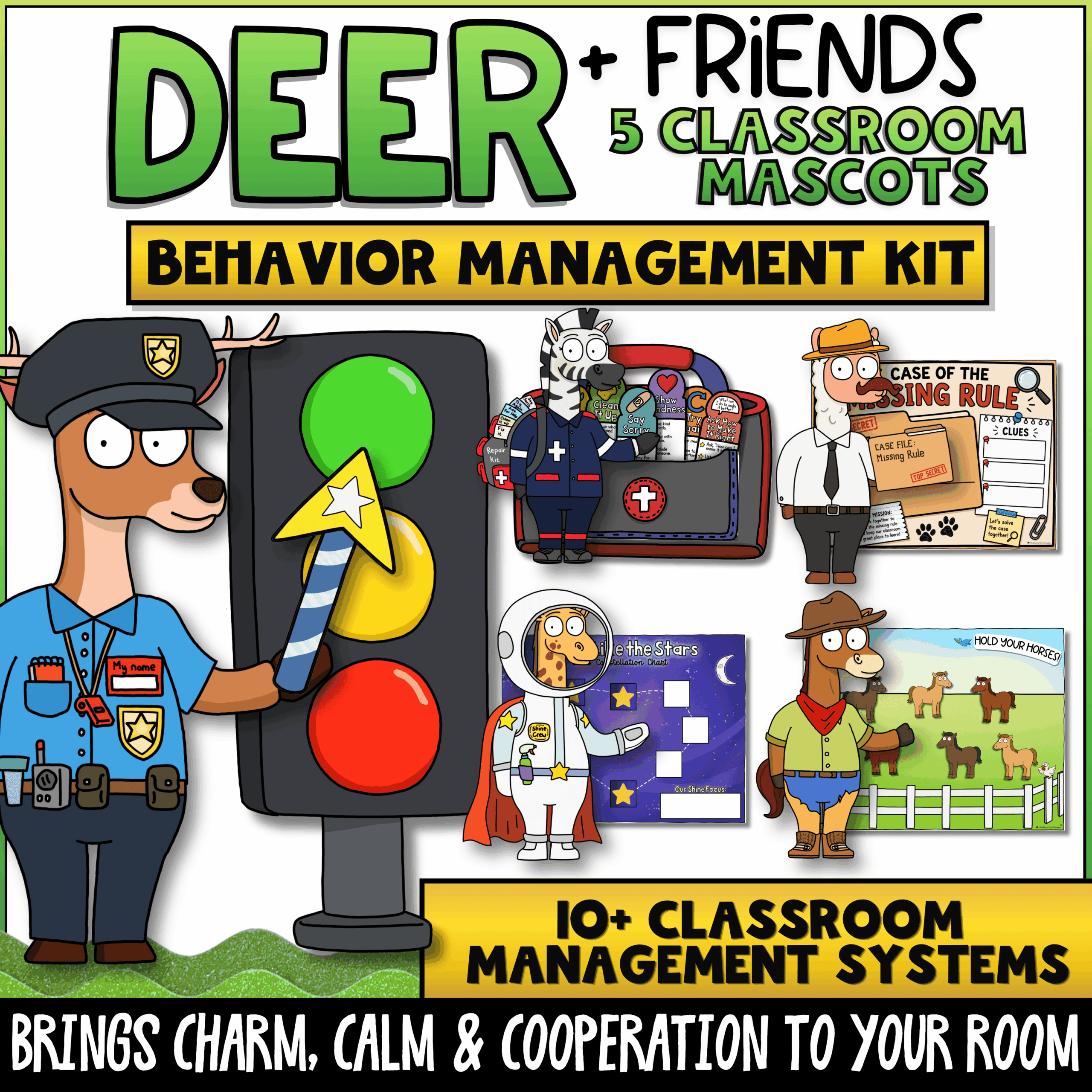 Goose Classroom Management Visuals for Behavior, PBIS, and Think Sheets Deer + Friends classroom behavior management kit featuring Deer, Horse, Zebra, Giraffe, and Alpaca with over 10 classroom management systems. Includes PBIS behavior supports, classroom routines, restorative practices, classroom mascots, behavior expectations, and elementary classroom management activities.