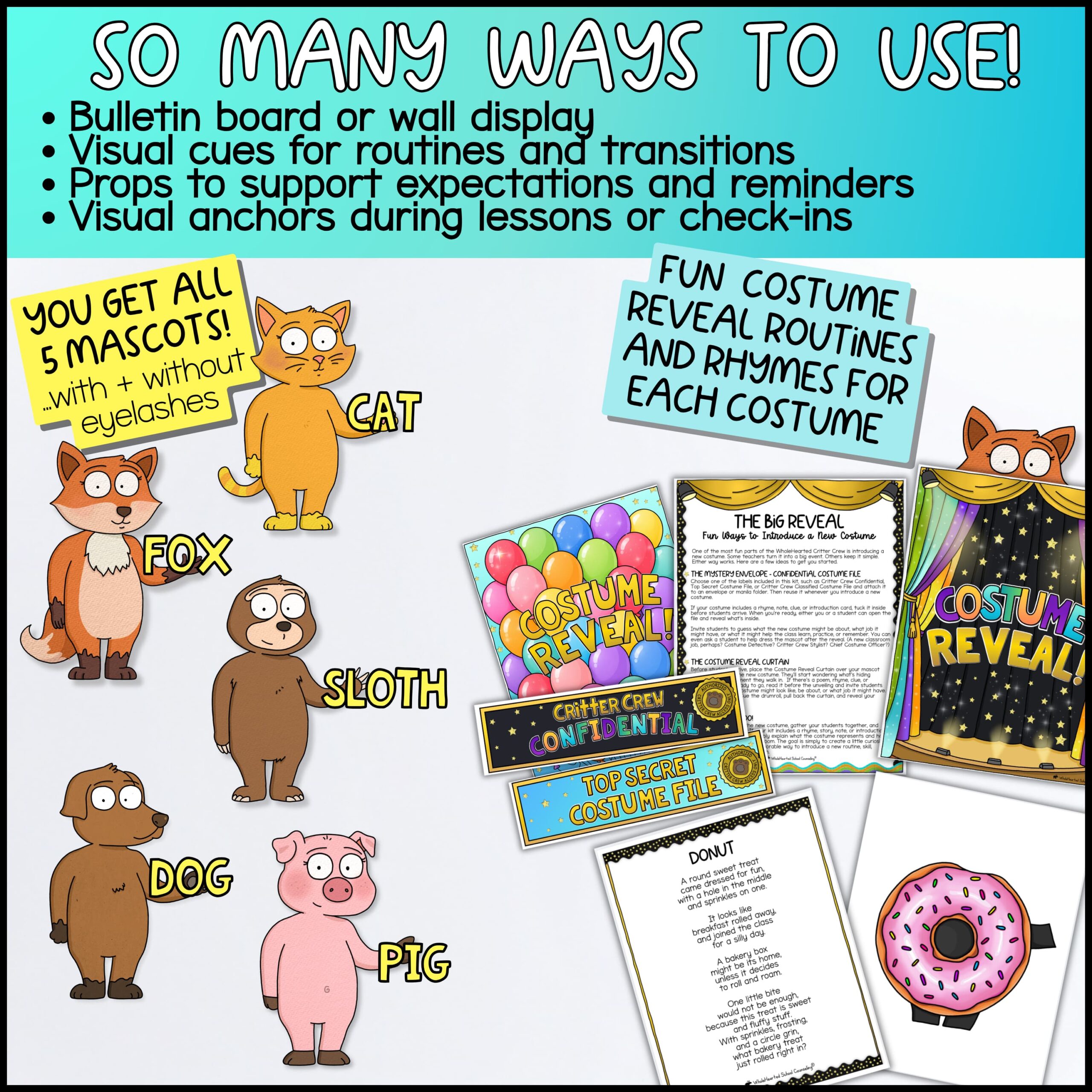 Goose Classroom Mascot Food Costume Ideas for Behavior Management Fox + Friends classroom mascot kit with Cat, Fox, Sloth, Dog, and Pig printable animal mascots, costume reveal activities, bulletin board displays, classroom visual cues, behavior reminders, reveal rhymes, and food-themed classroom management resources for elementary teachers.