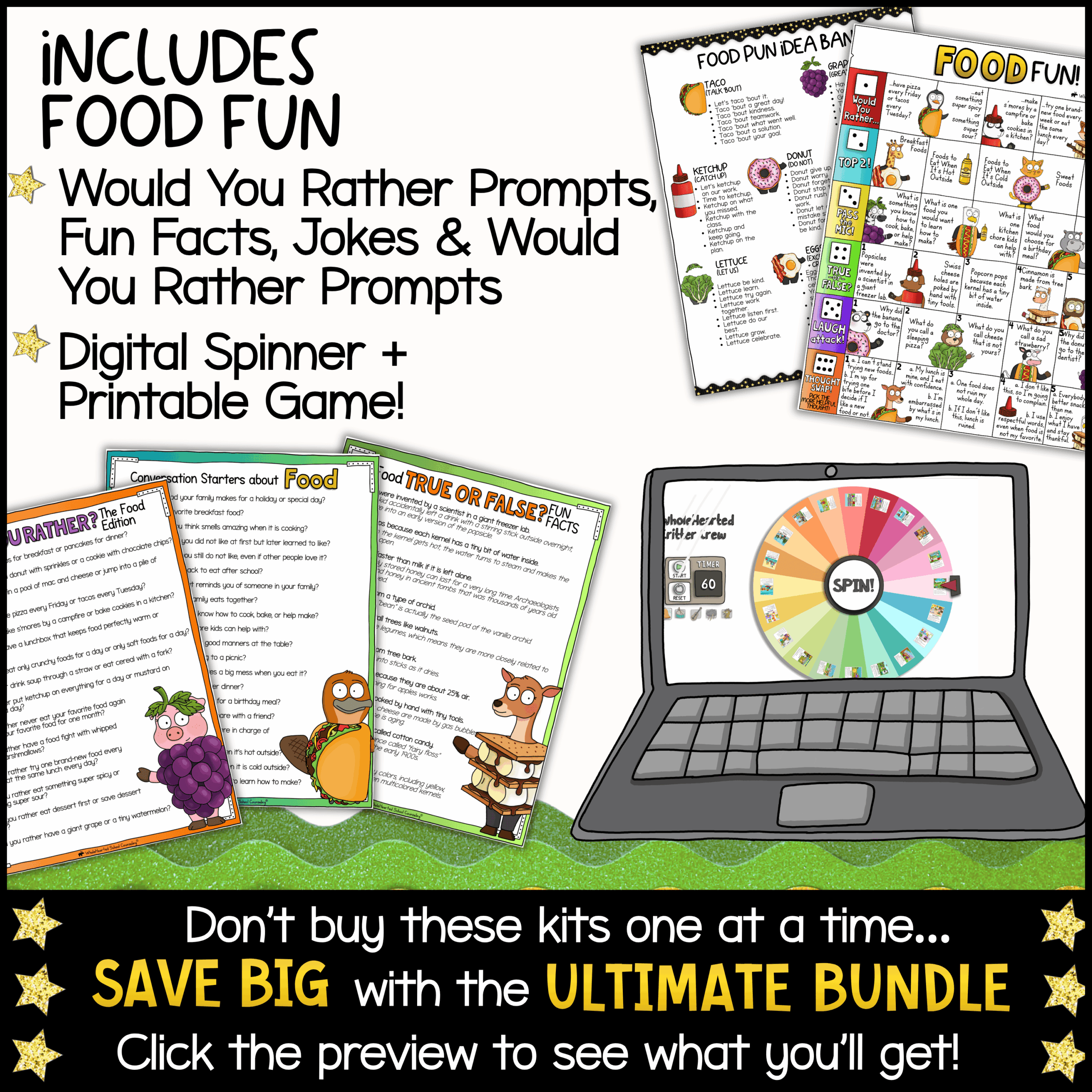 Goose Classroom Mascot Mix and Match Costume Kit for Teachers Food Fun printable classroom activity pack with food-themed Would You Rather questions, conversation starters, jokes, fun facts, digital spinner game, printable discussion cards, and interactive classroom games for morning meetings, SEL lessons, brain breaks, and classroom community building.