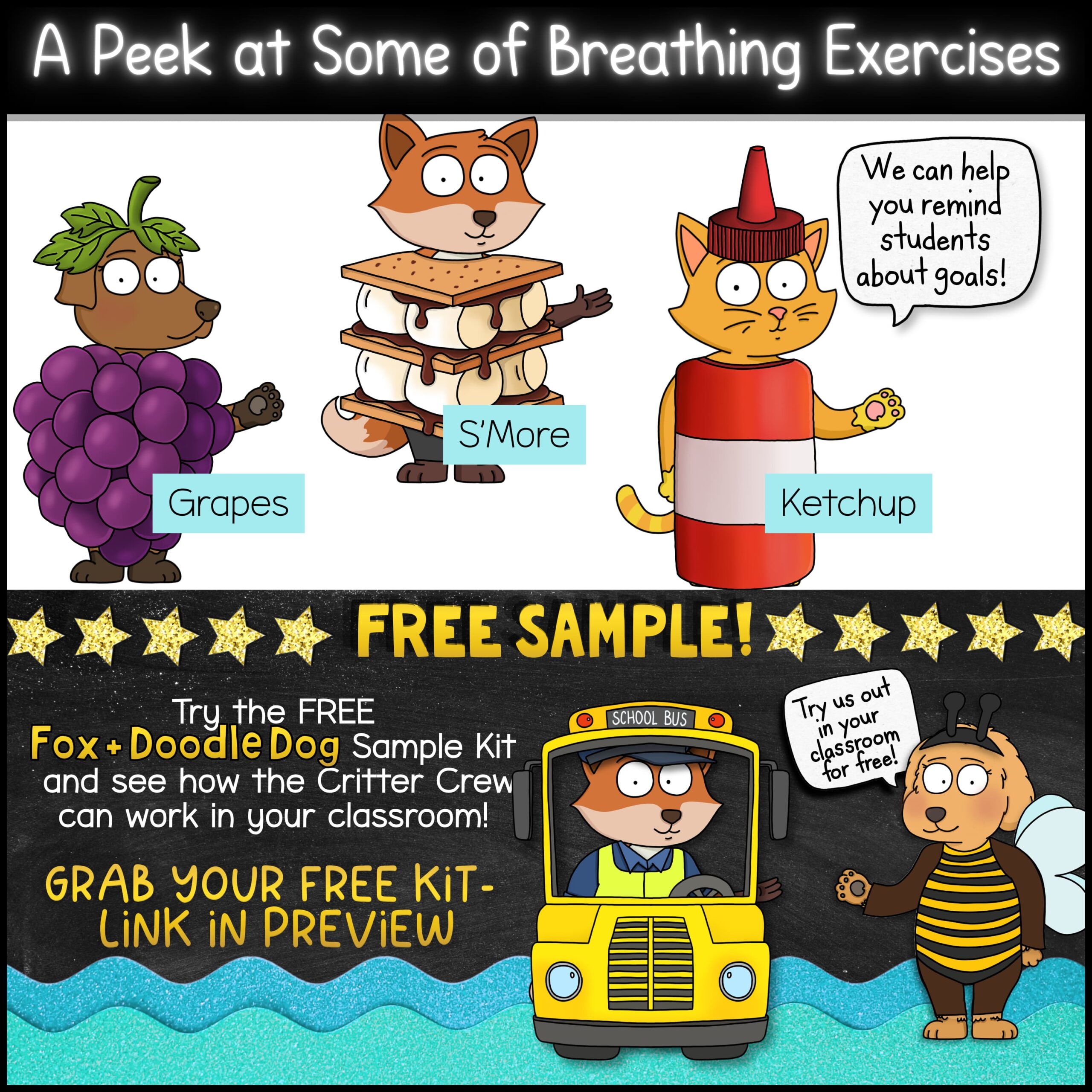 Goose Classroom Mascot Mix and Match Costumes for Class Mascot Fun Food-themed classroom mascot costume preview featuring Grapes Dog, S'More Fox, and Ketchup Cat outfits. Printable food mascot costumes designed for classroom displays, imaginative play, morning meetings, food-themed lessons, and elementary classroom engagement.