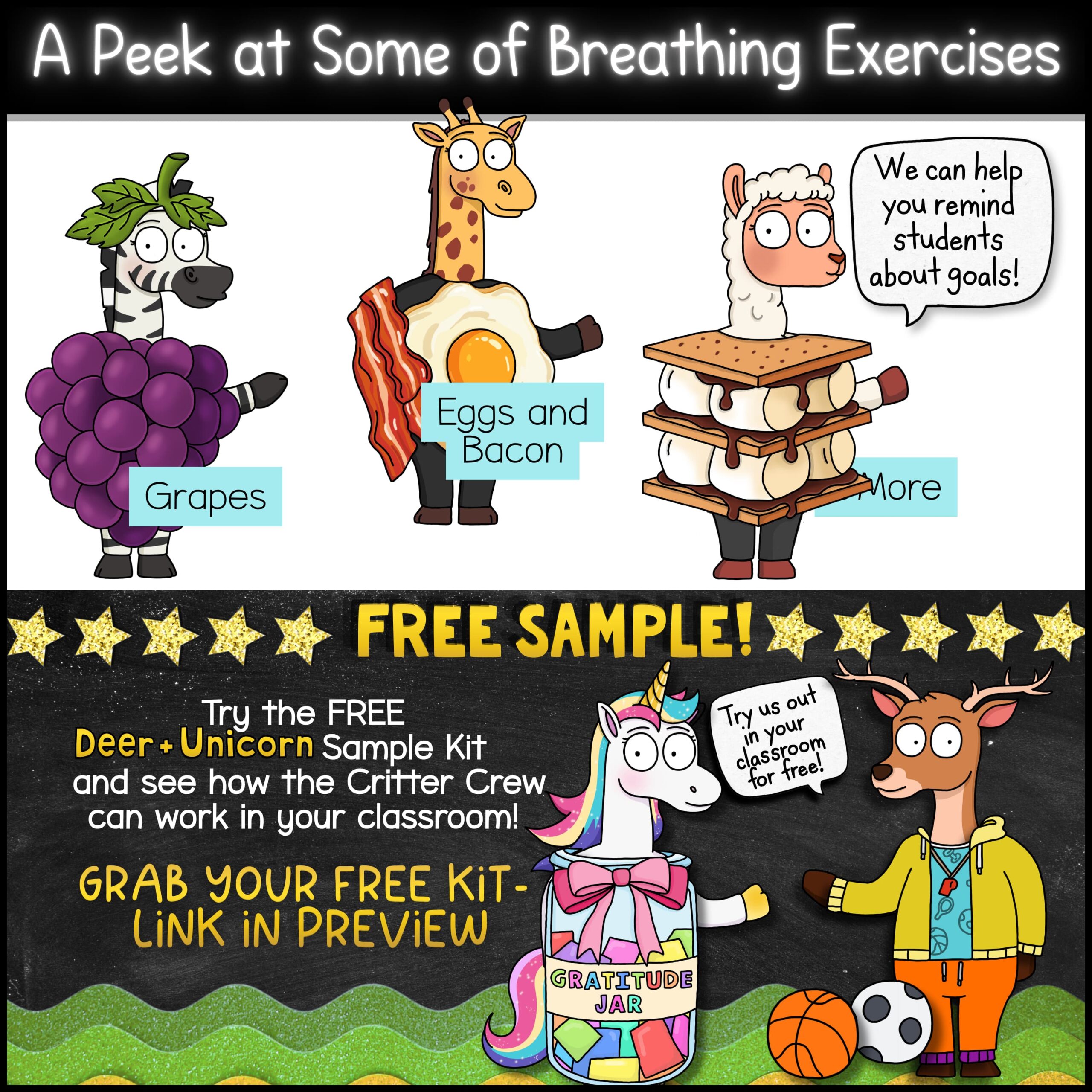 Goose Classroom Mascot Mix and Match Food Costumes for Porch Goose Fun Food-themed classroom mascot costume preview featuring Grapes Zebra, Eggs and Bacon Giraffe, and S'Mores Alpaca outfits. Printable food mascot costumes for classroom displays, imaginative play, morning meetings, food-themed lessons, and elementary classroom engagement.