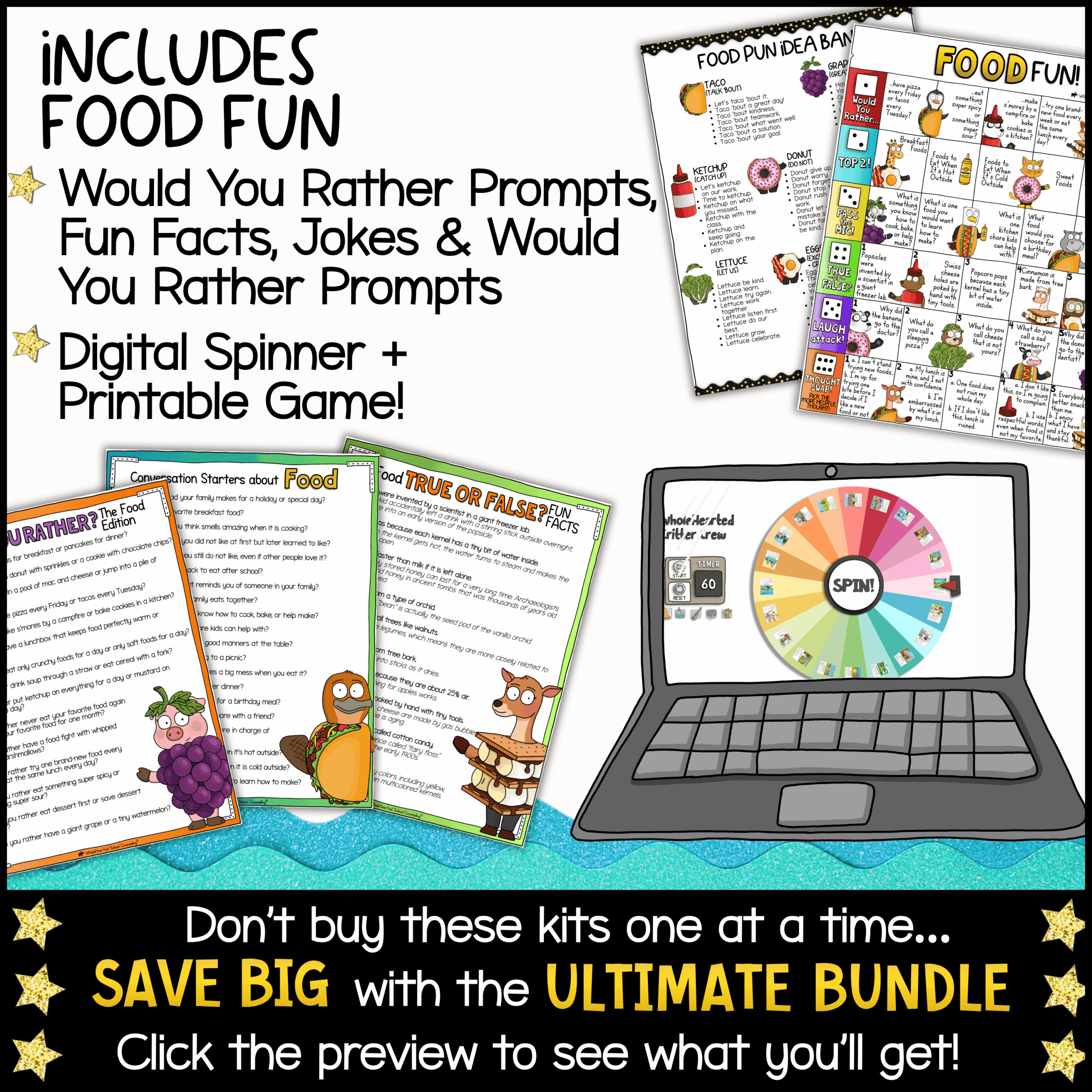 Goose Classroom Mascot Mix and Match Kit for Morning Meeting and SEL Food Fun printable classroom activities featuring food-themed Would You Rather questions, conversation starters, jokes, fun facts, digital spinner game, printable discussion cards, and interactive classroom games for morning meetings, brain breaks, SEL lessons, and classroom community building.