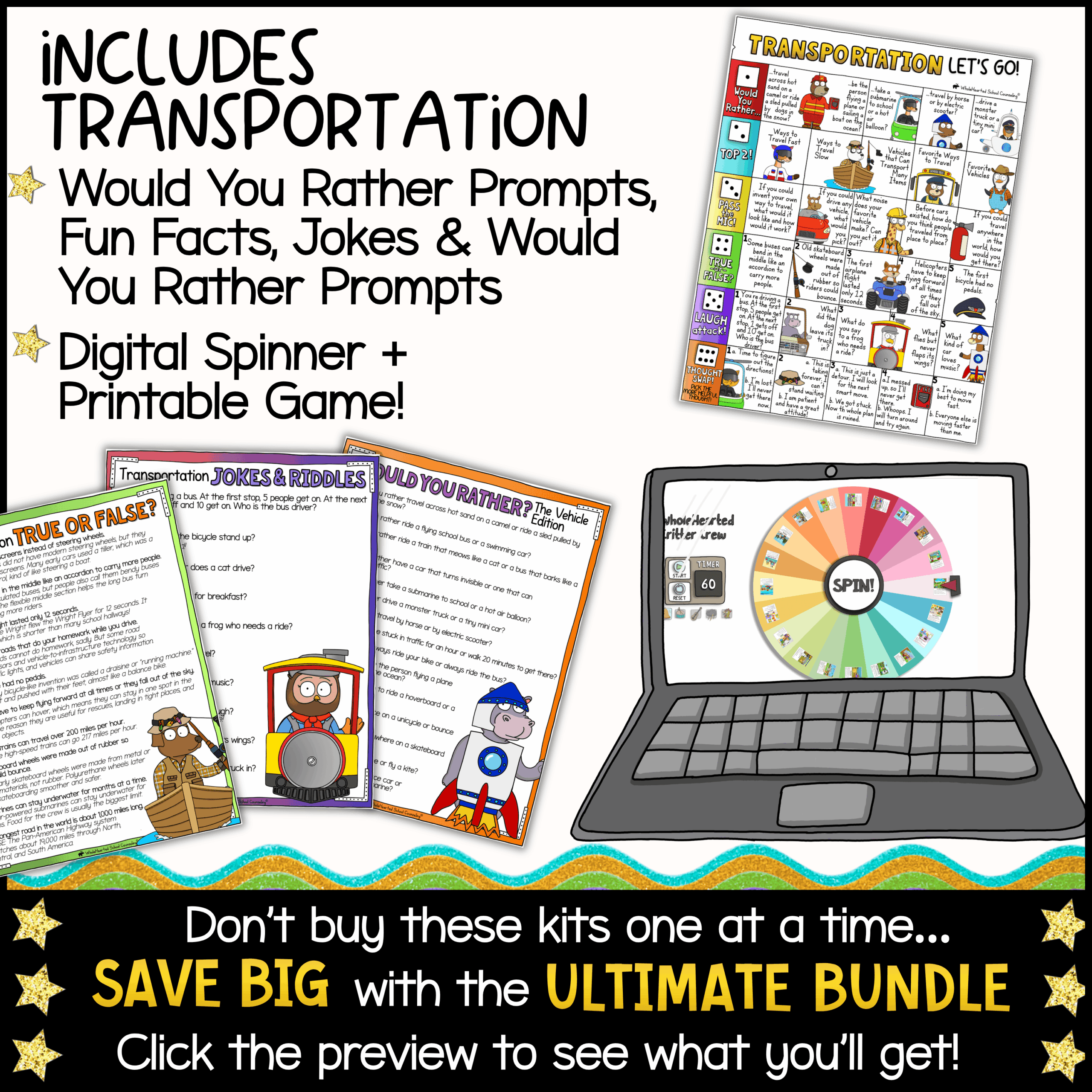 Goose Classroom Mascot Transportation Vehicles for SEL and Classroom Community Transportation-themed classroom activity pack with Would You Rather questions, transportation facts, jokes, conversation starters, printable discussion cards, digital spinner game, and interactive classroom activities for morning meetings, brain breaks, SEL lessons, and elementary classrooms.