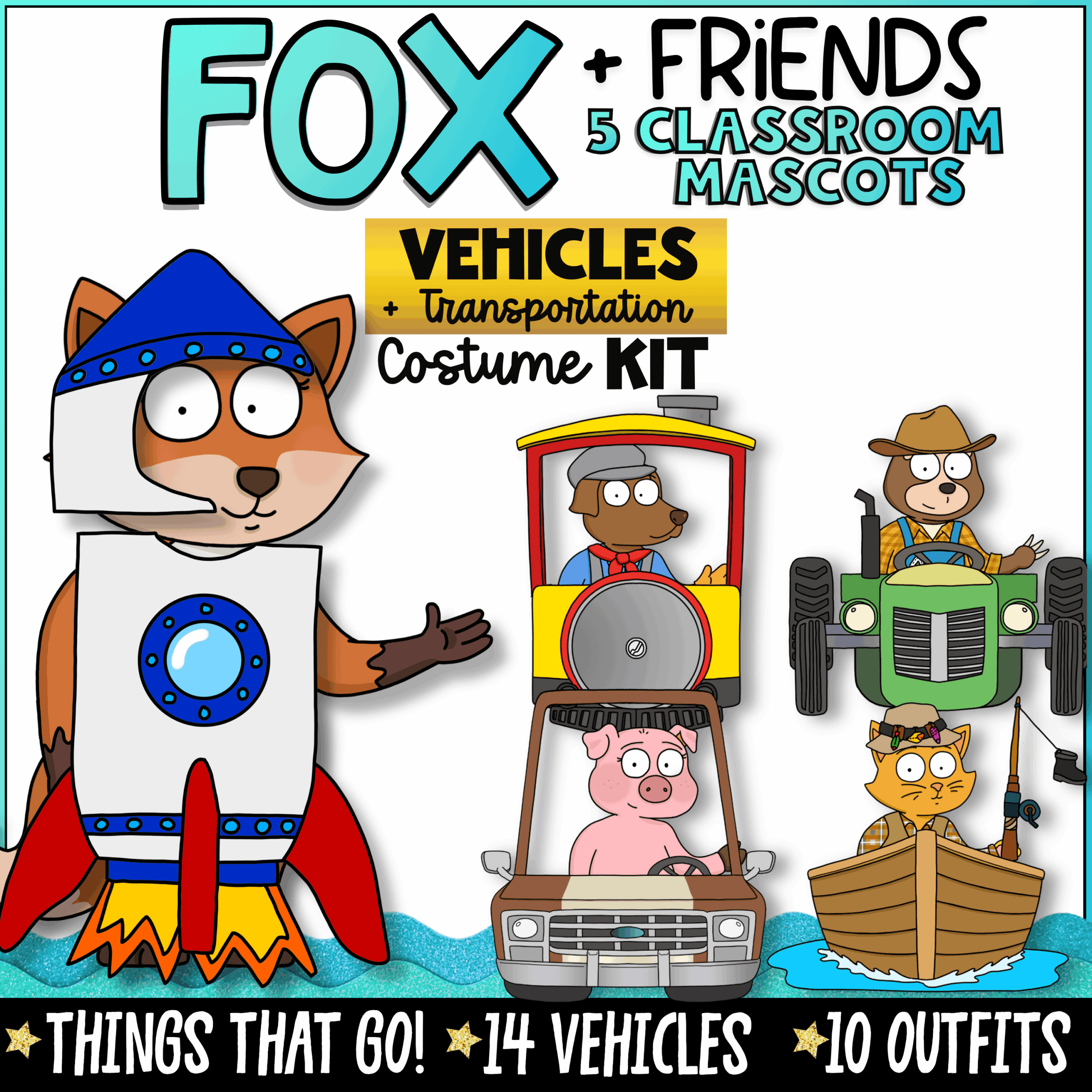 Goose Classroom Mascot Vehicle Props for Routines Rewards and Fun Fridays Fox + Friends Vehicles and Transportation classroom mascot costume kit featuring Fox, Cat, Dog, Pig, and Sloth with rocket, train, tractor, truck, and fishing boat vehicle props. Includes 14 printable vehicles, 10 transportation-themed outfits, and classroom community activities for elementary classrooms.
