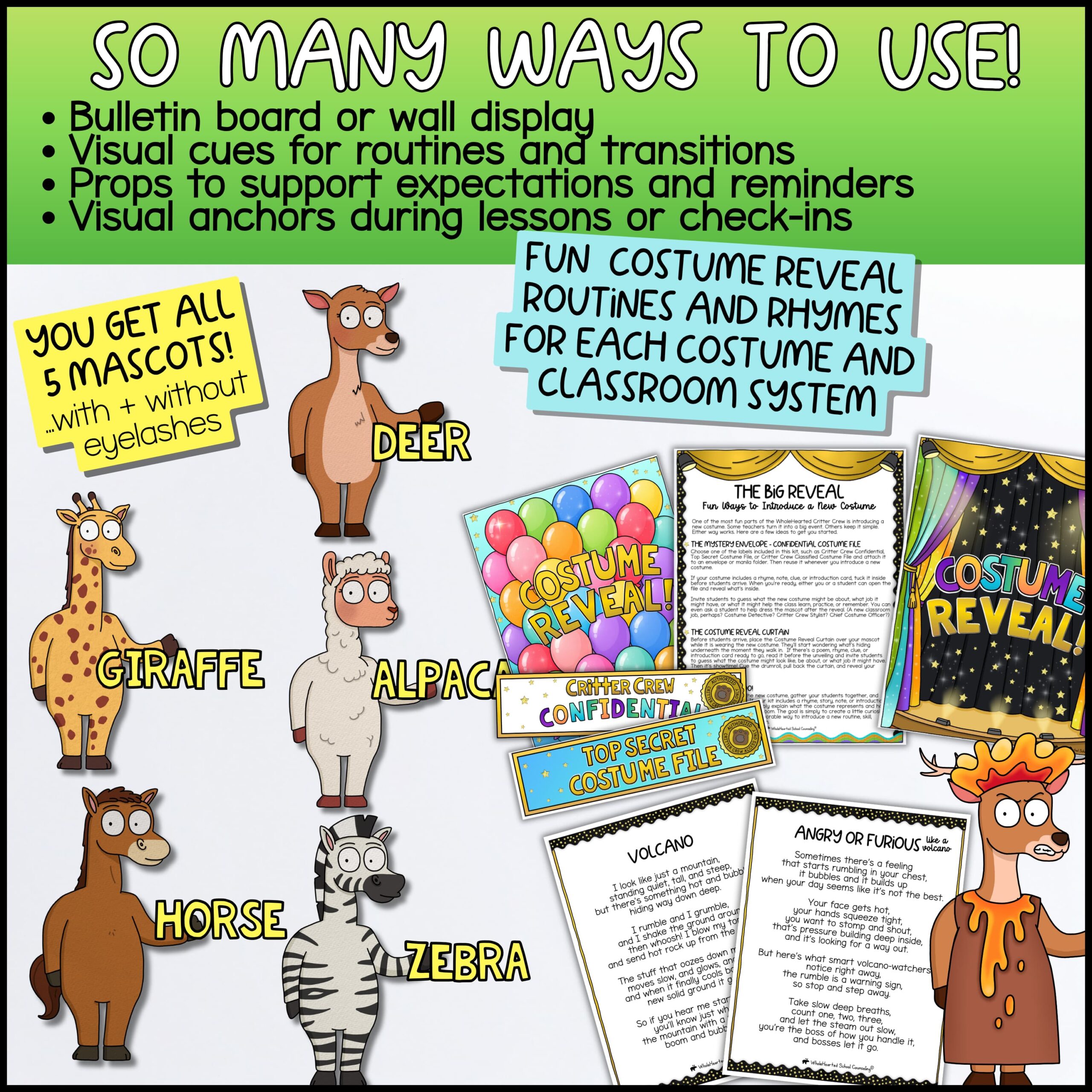 Goose PBIS Behavior Management Tools for Classroom Routines and Think Sheets Five Deer and Friends classroom mascots including Deer, Giraffe, Alpaca, Horse, and Zebra with printable costume reveal routines, rhymes, classroom visual supports, and feelings lesson materials for social-emotional learning.