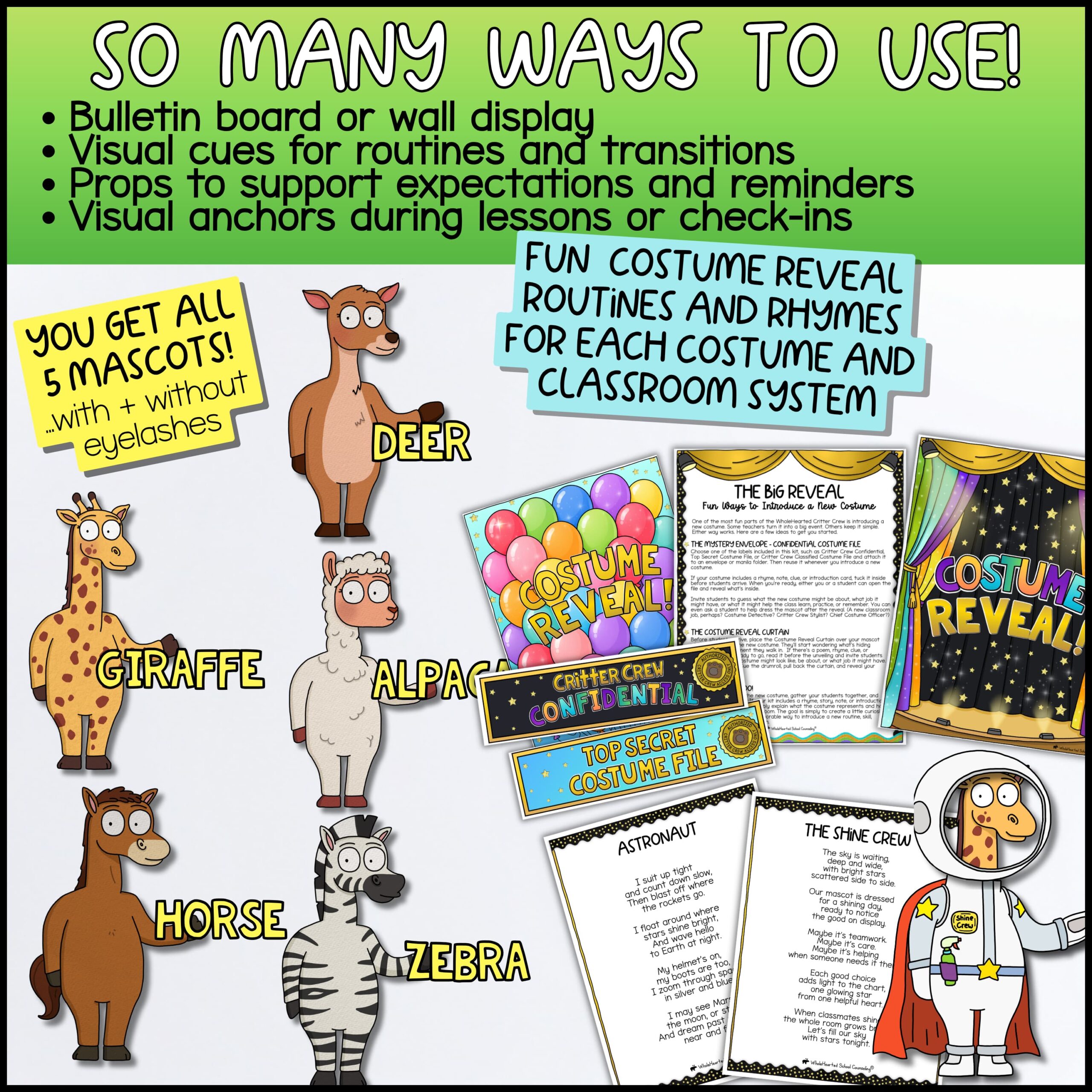 Goose PBIS Behavior Management Tools for Classroom Routines and Think Sheets Deer + Friends printable classroom mascot behavior management kit with bulletin board displays, visual classroom routine supports, costume reveal activities, printable rhymes, behavior cue cards, and classroom management systems for elementary classrooms.