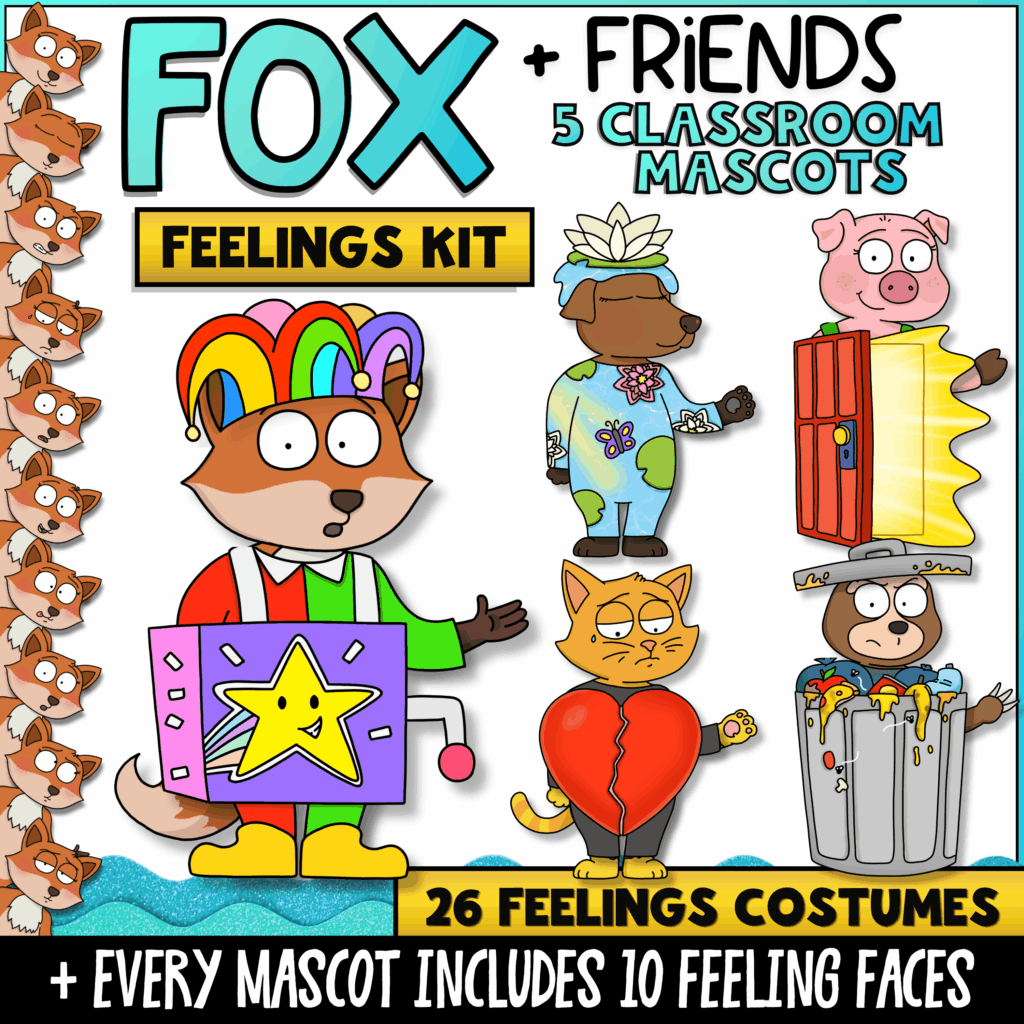 Fox and Friends Feelings Kit with five classroom mascots, 26 feelings costumes, 10 interchangeable facial expressions for every mascot, and social-emotional learning tools that help students identify, discuss, and regulate emotions.